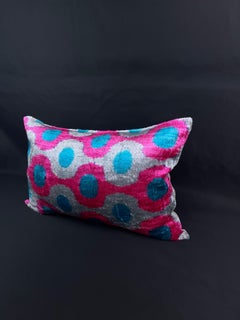 Pink and Blue Velvet Silk Ikat Pillow Cover