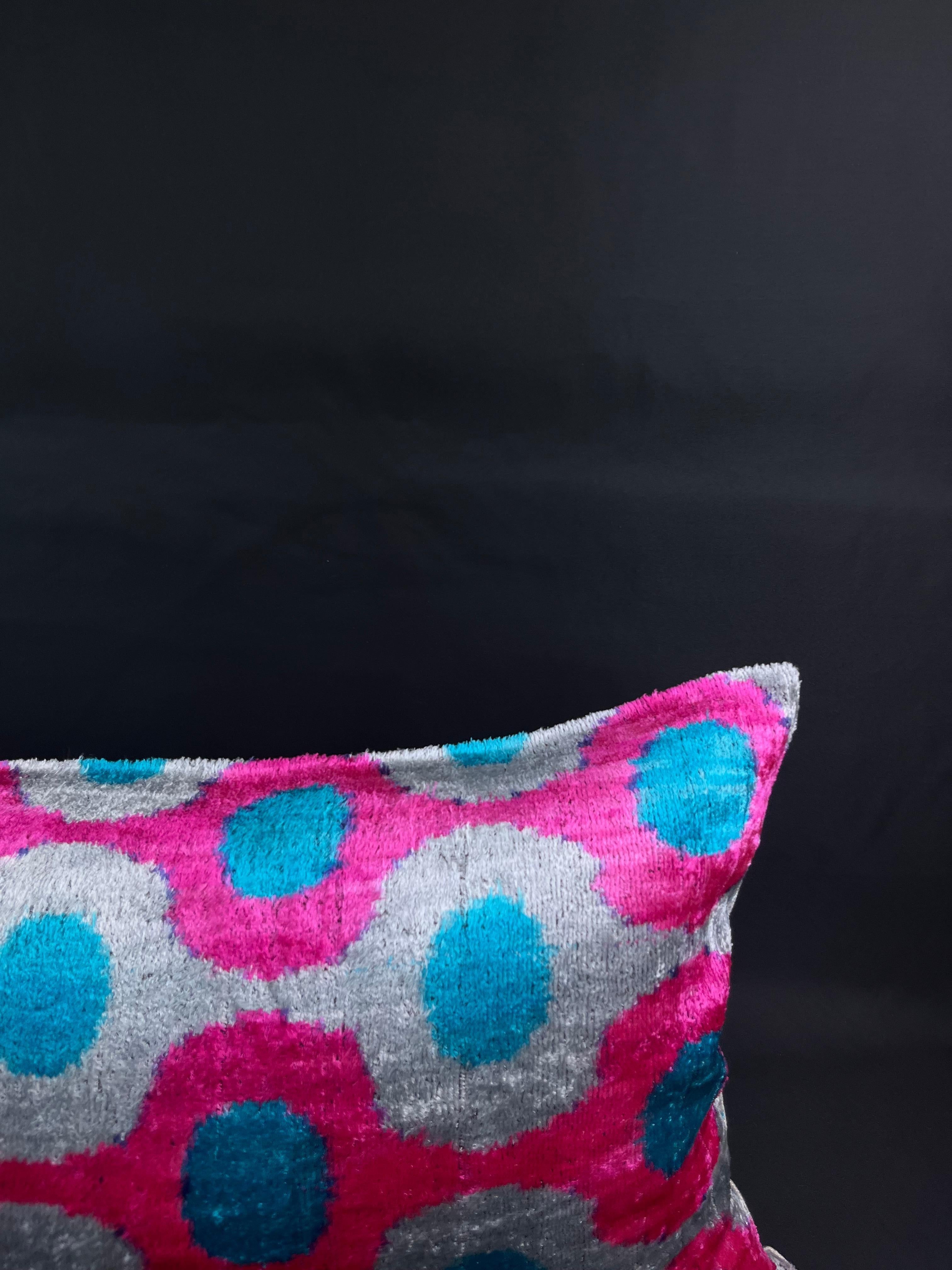 Modern Pink and Blue Velvet Silk Ikat Pillow Cover