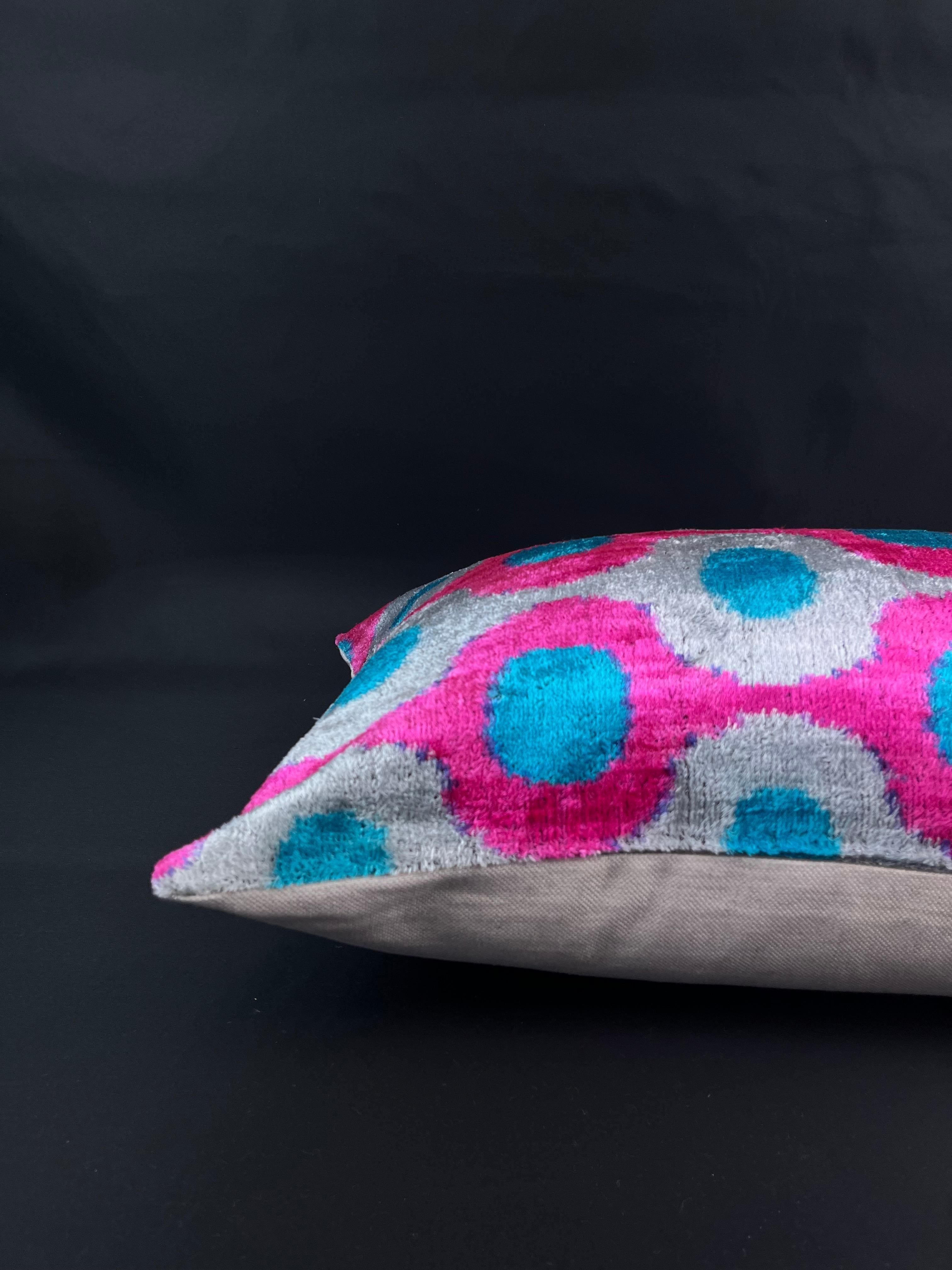 Turkish Pink and Blue Velvet Silk Ikat Pillow Cover