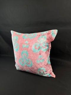 Pink and Blue Velvet Silk Ikat Pillow Cover
