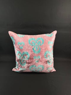 Pink and Blue Velvet Silk Ikat Pillow Cover