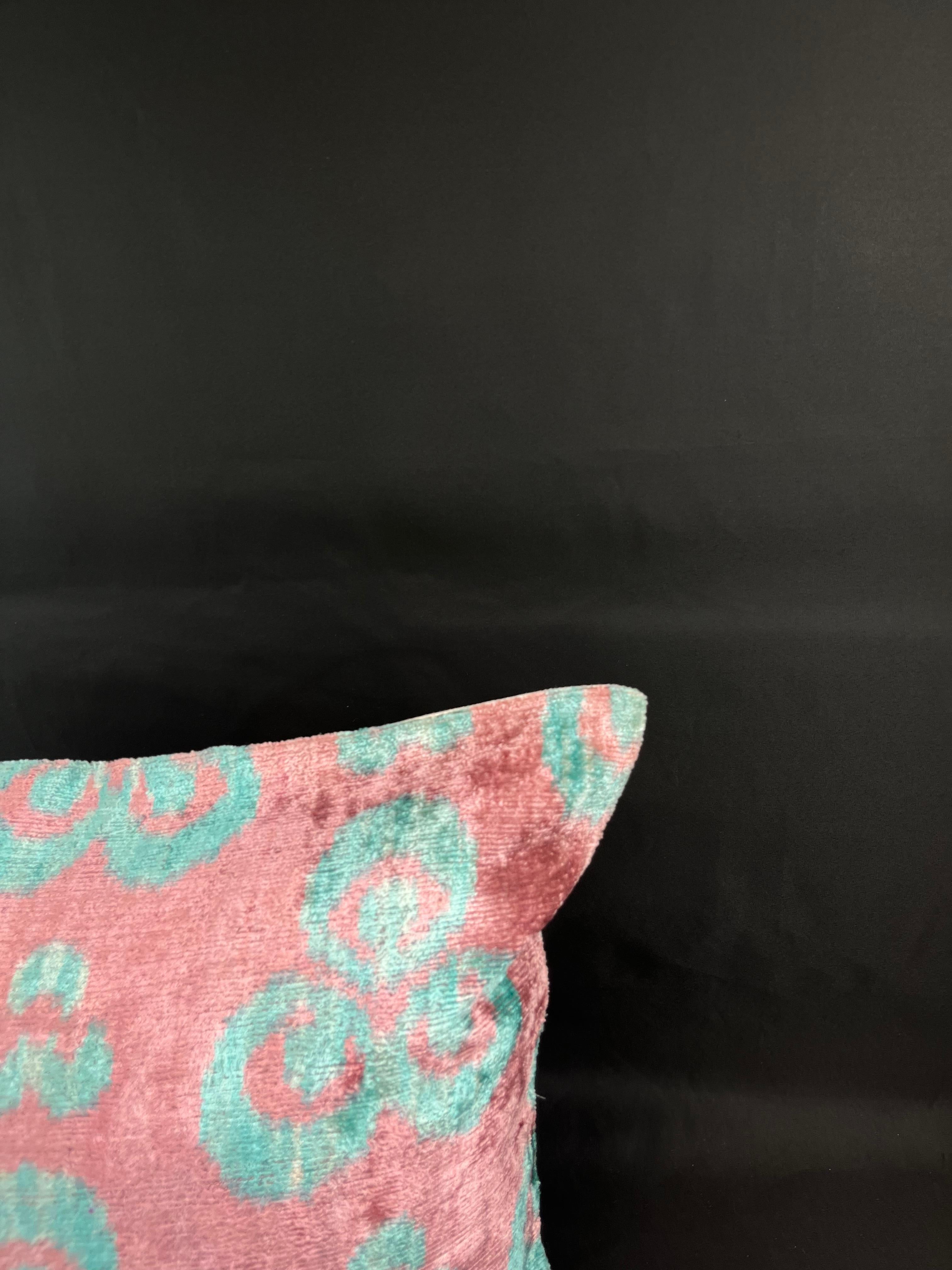 Modern Pink and Blue Velvet Silk Ikat Pillow Cover For Sale