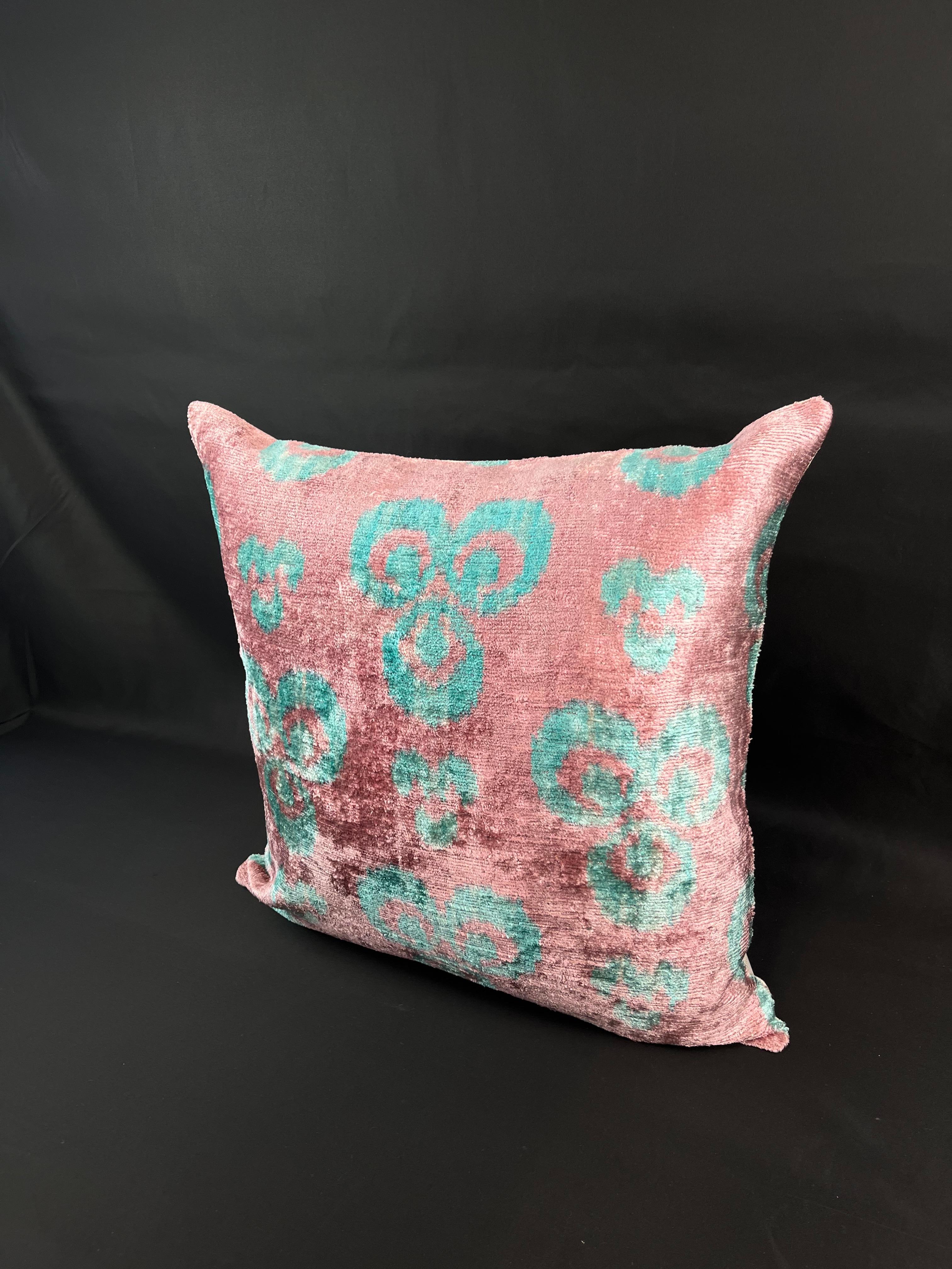 Modern Pink and Blue Velvet Silk Ikat Pillow Cover For Sale