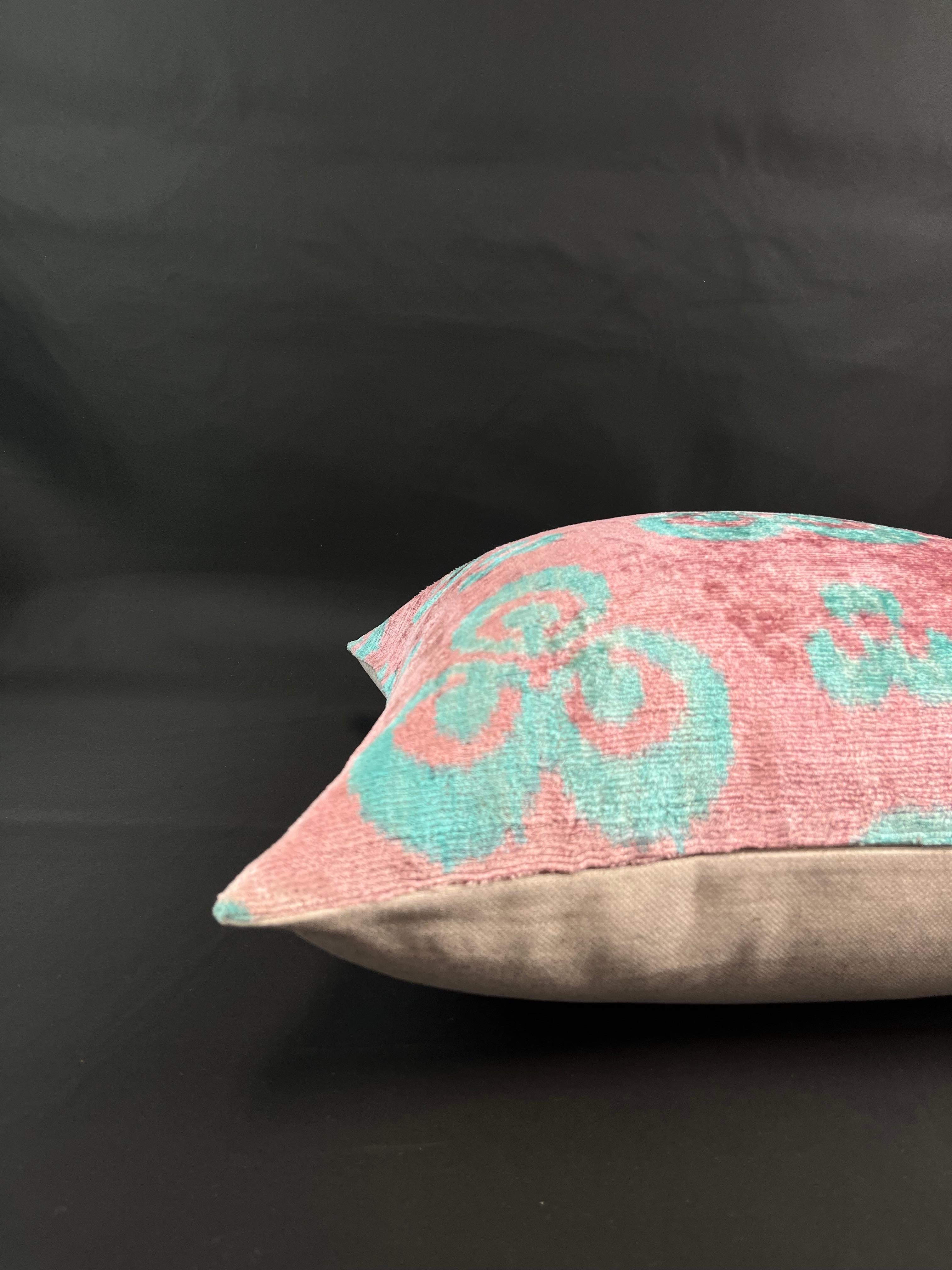 Turkish Pink and Blue Velvet Silk Ikat Pillow Cover For Sale