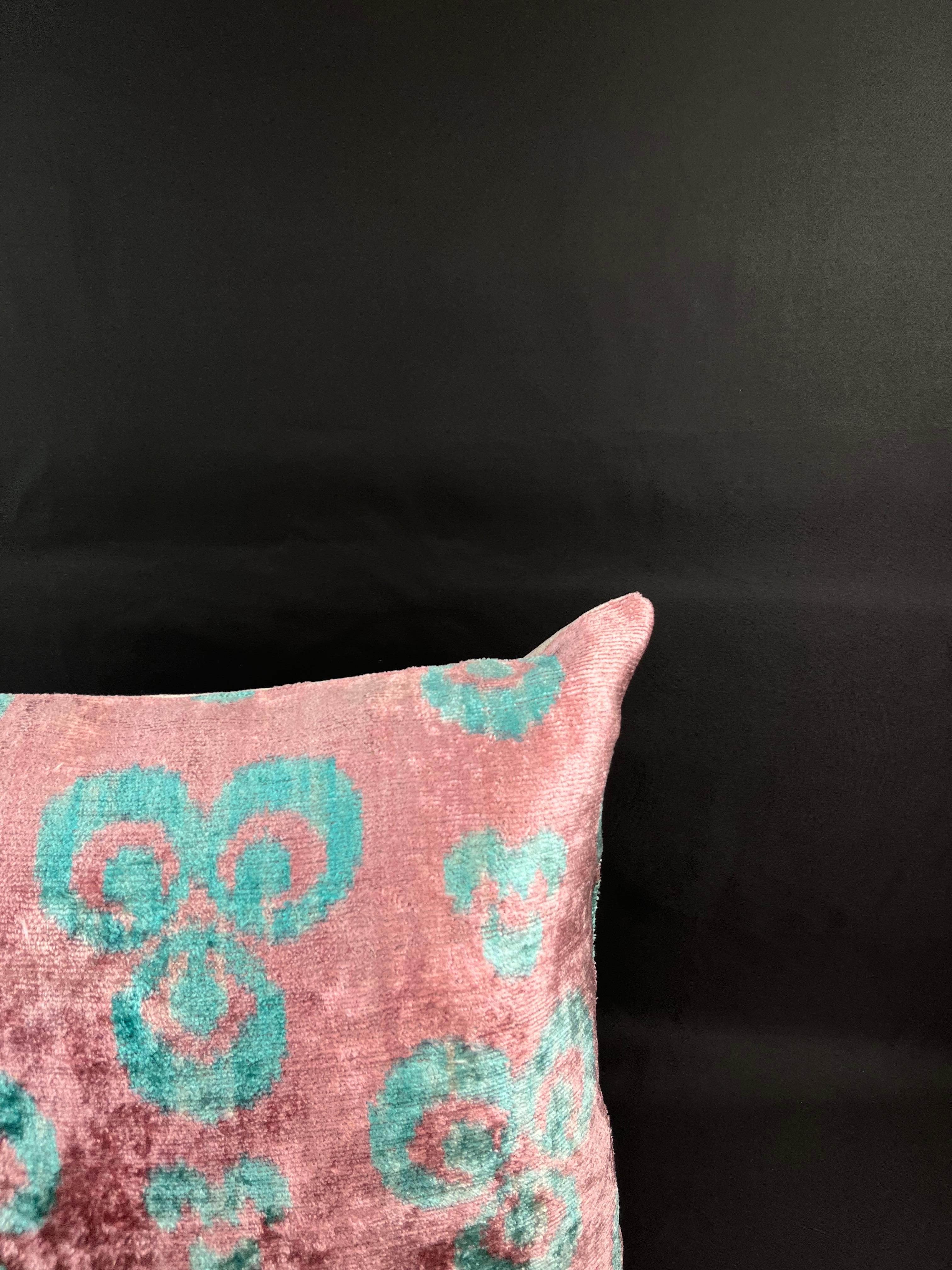 Turkish Pink and Blue Velvet Silk Ikat Pillow Cover For Sale