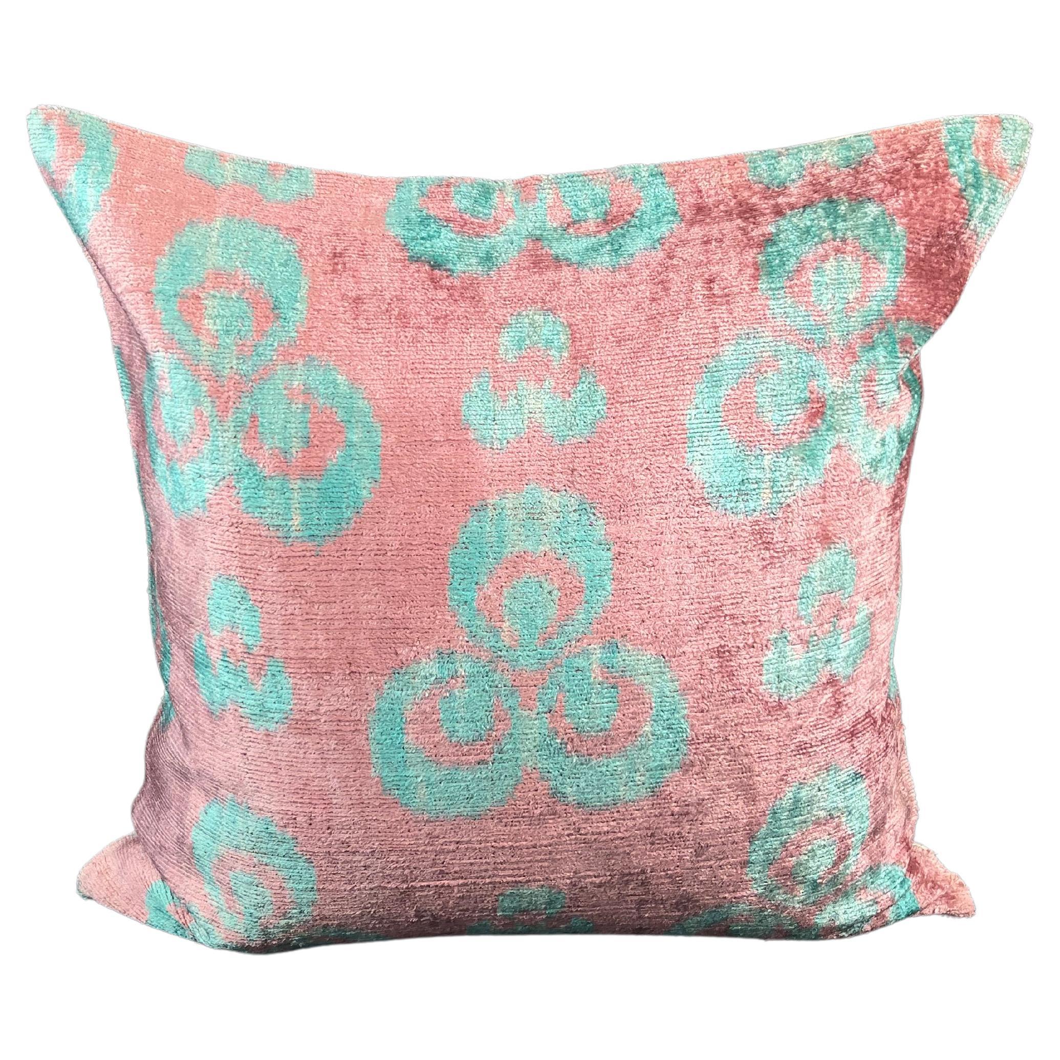 Pink and Blue Velvet Silk Ikat Pillow Cover For Sale