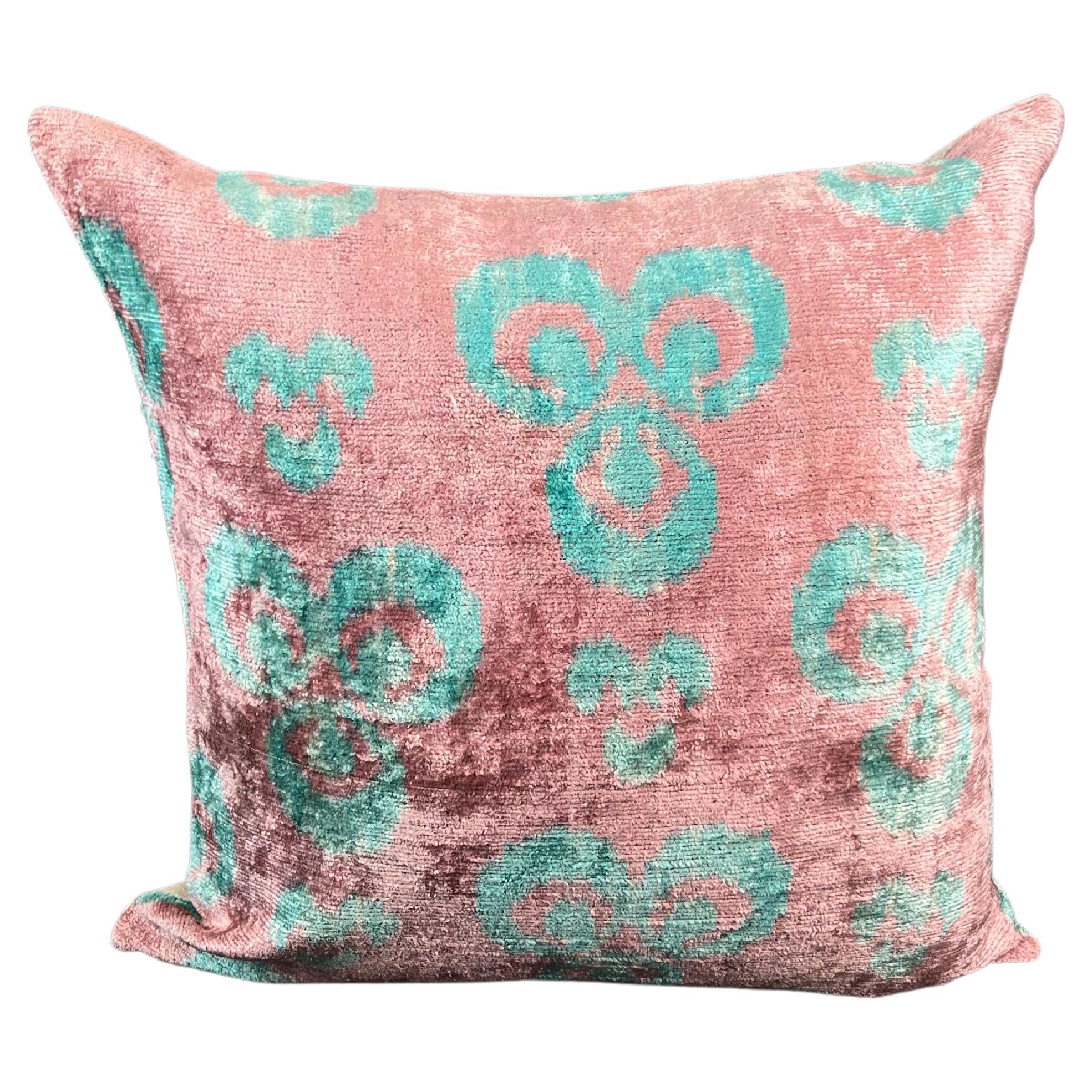 Pink and Blue Velvet Silk Ikat Pillow Cover For Sale