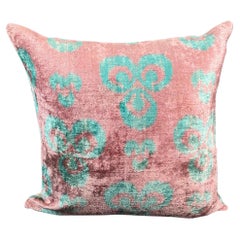 Pink and Blue Velvet Silk Ikat Pillow Cover