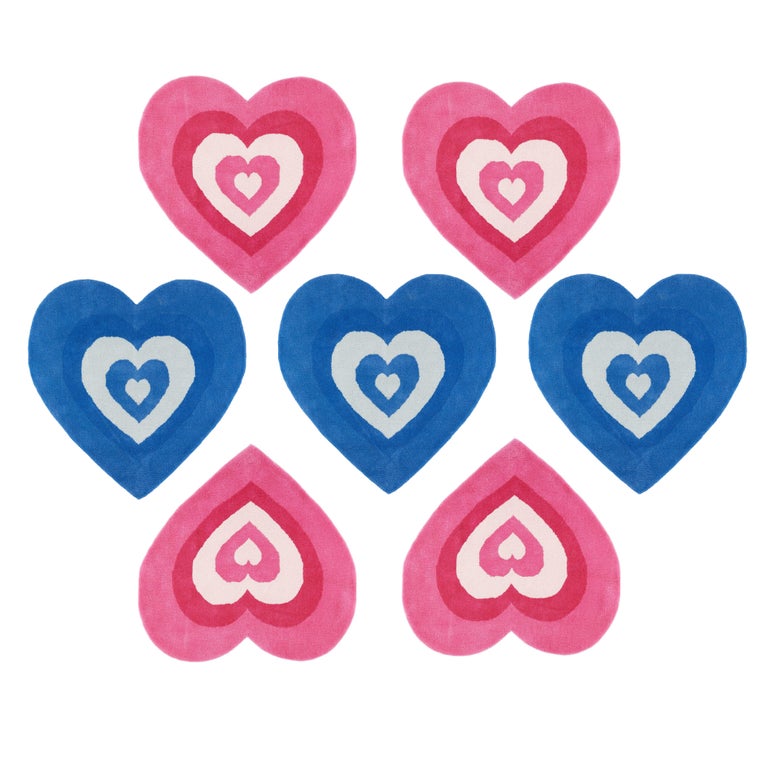 Pink and Blue Wool Heart Custom Rug Set of 7 by Marshall Colombia For