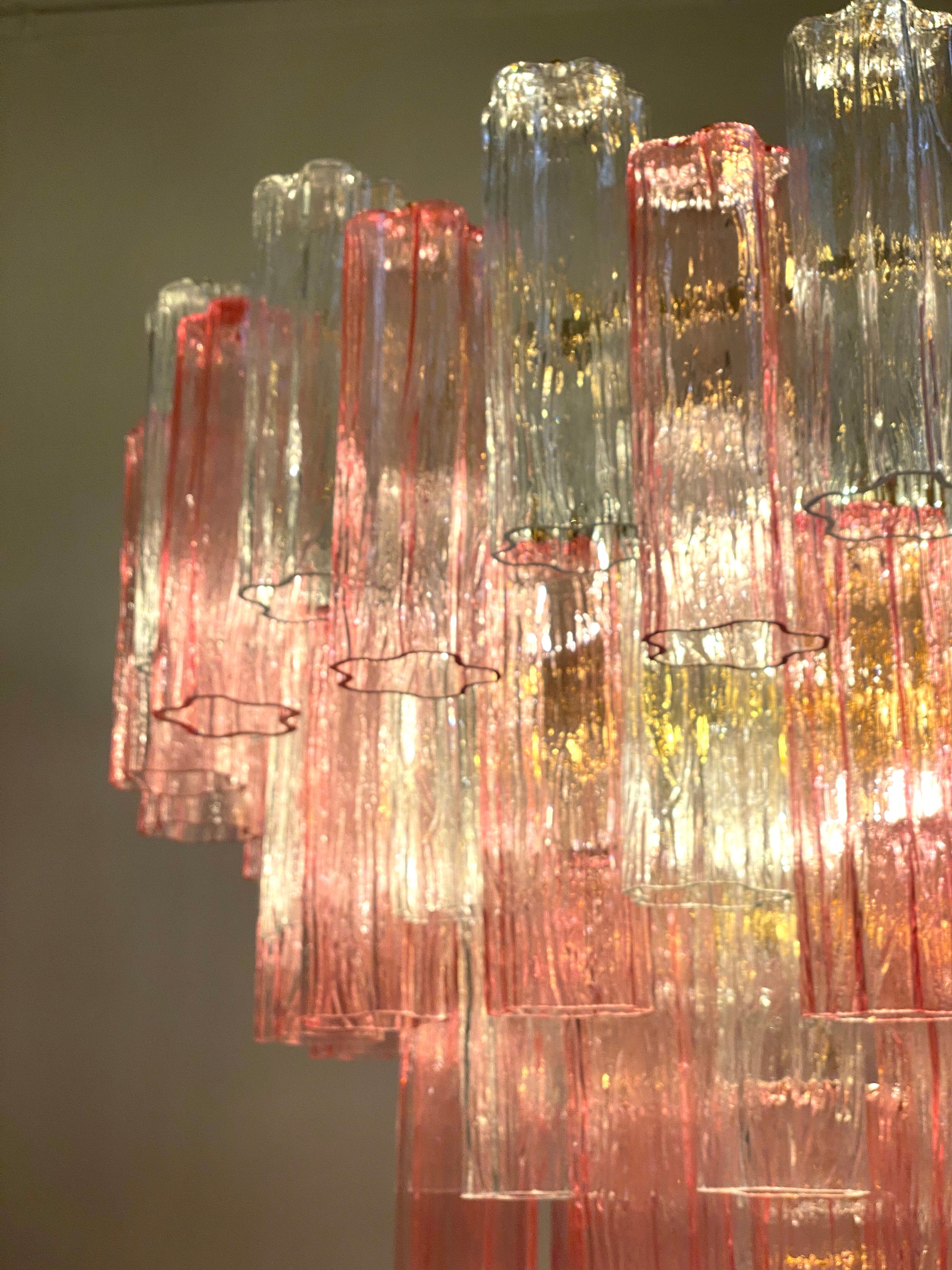 Grand lustre ou plafonnier Tronchi en verre de Murano rose et transparent en vente 3