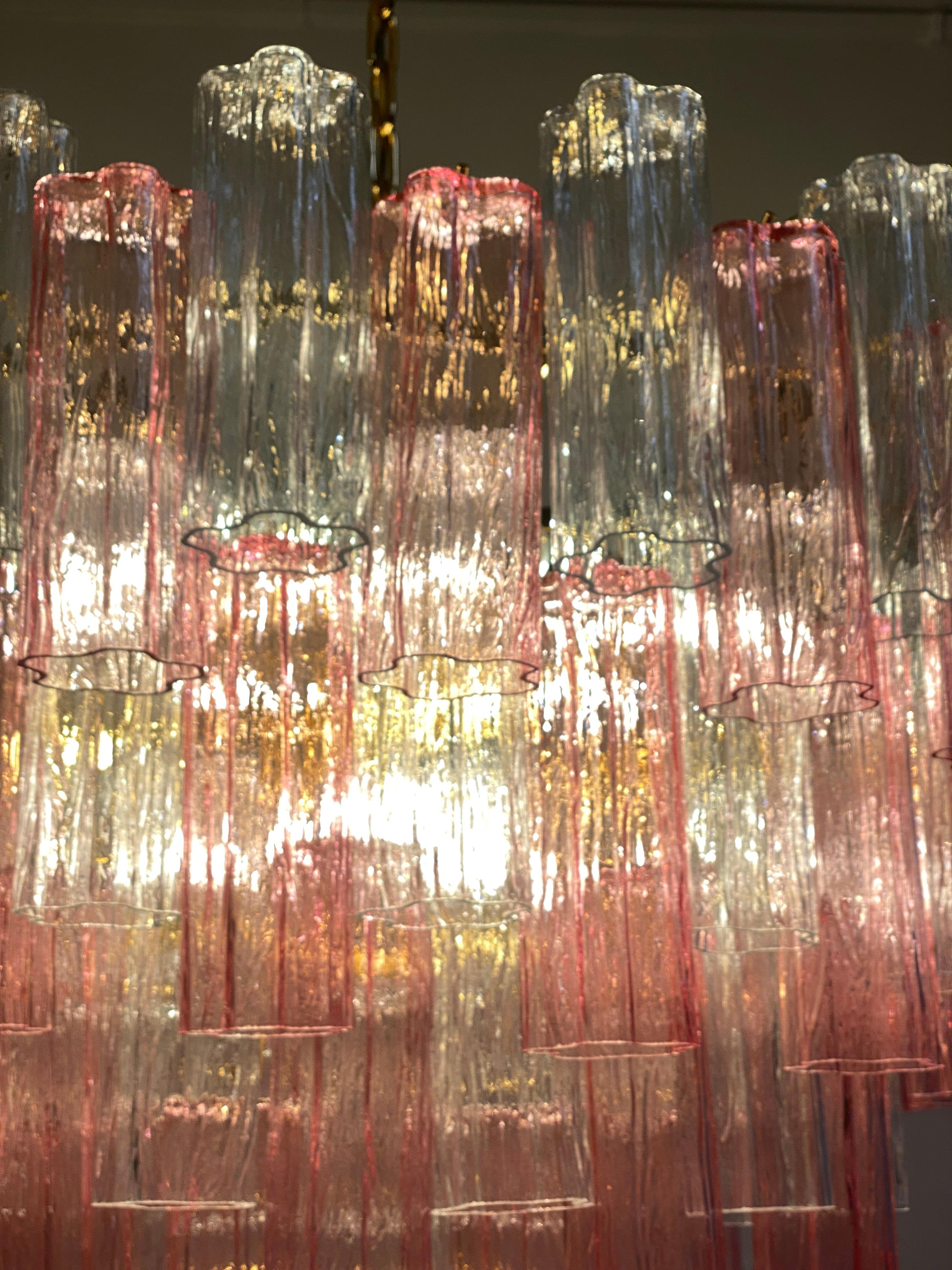 Grand lustre ou plafonnier Tronchi en verre de Murano rose et transparent en vente 4