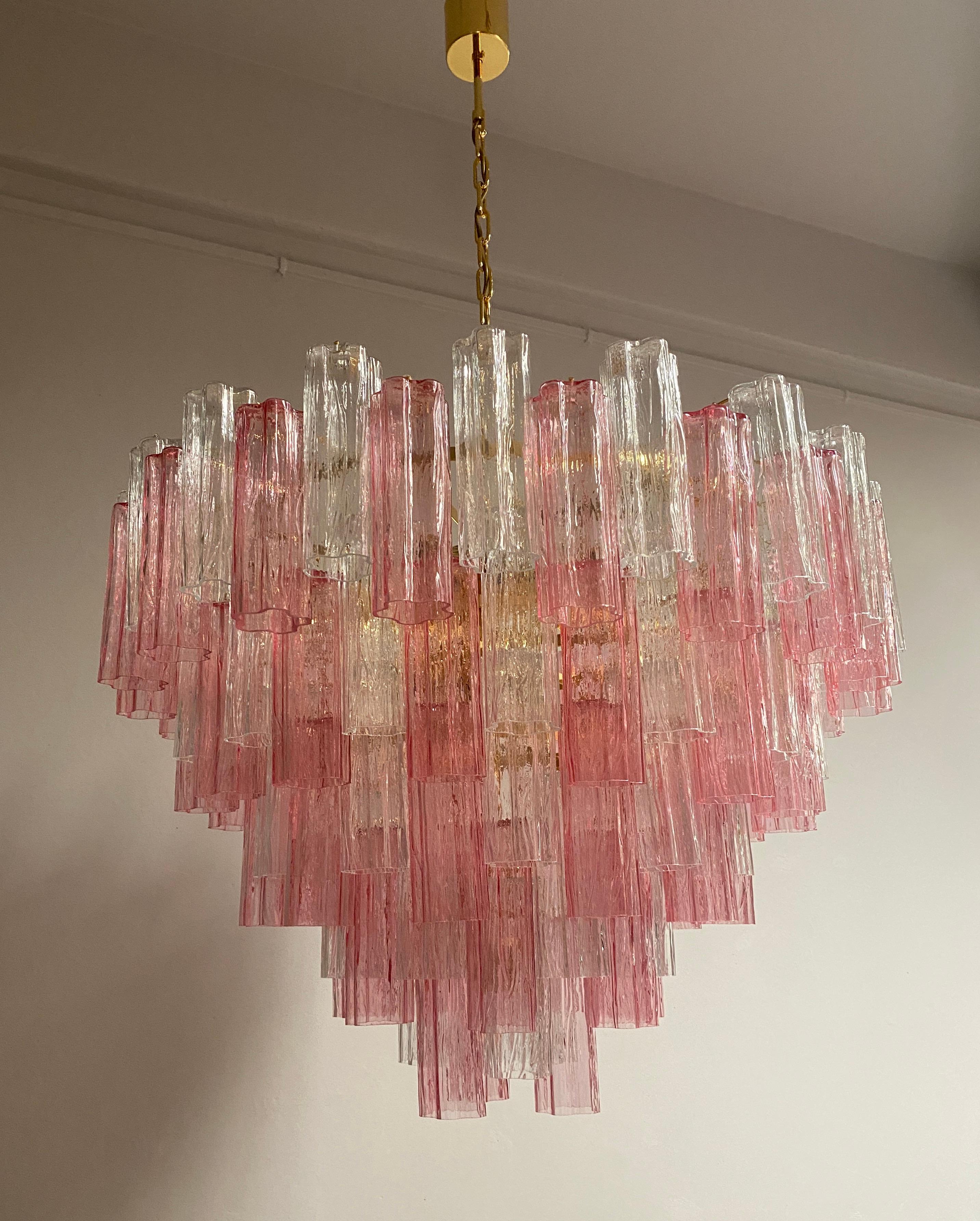 Grand lustre ou plafonnier Tronchi en verre de Murano rose et transparent en vente 7