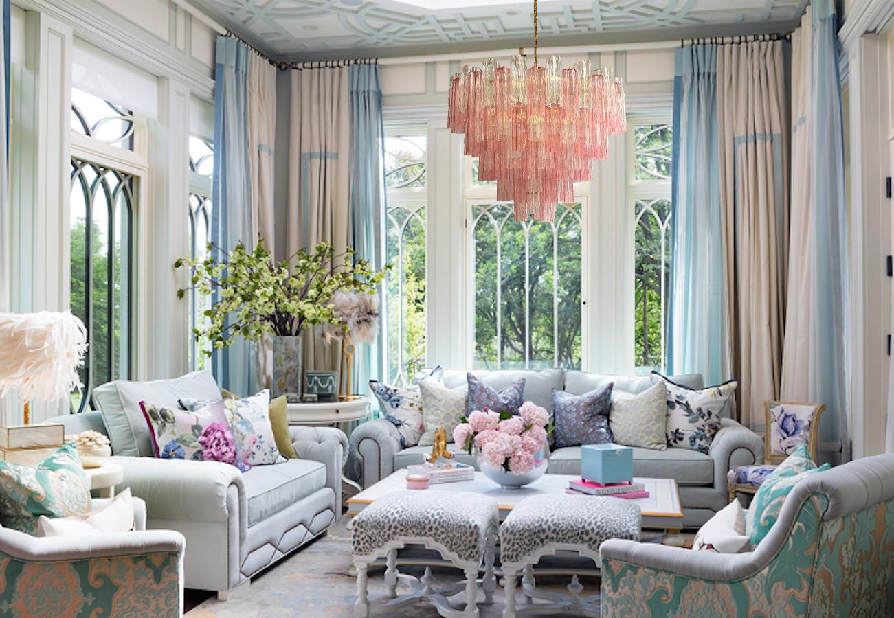 Grand lustre ou plafonnier Tronchi en verre de Murano rose et transparent en vente 9