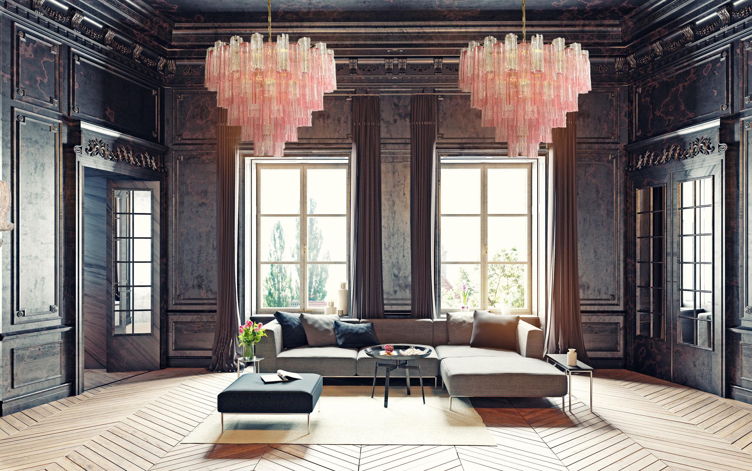 Mid-Century Modern Grand lustre ou plafonnier Tronchi en verre de Murano rose et transparent en vente