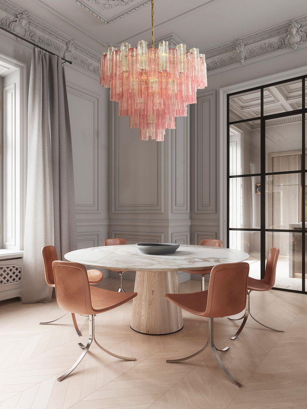 Mid-Century moderno Lampadario o plafoniera Tronchi in vetro di Murano rosa e trasparente di grandi dimensioni in vendita
