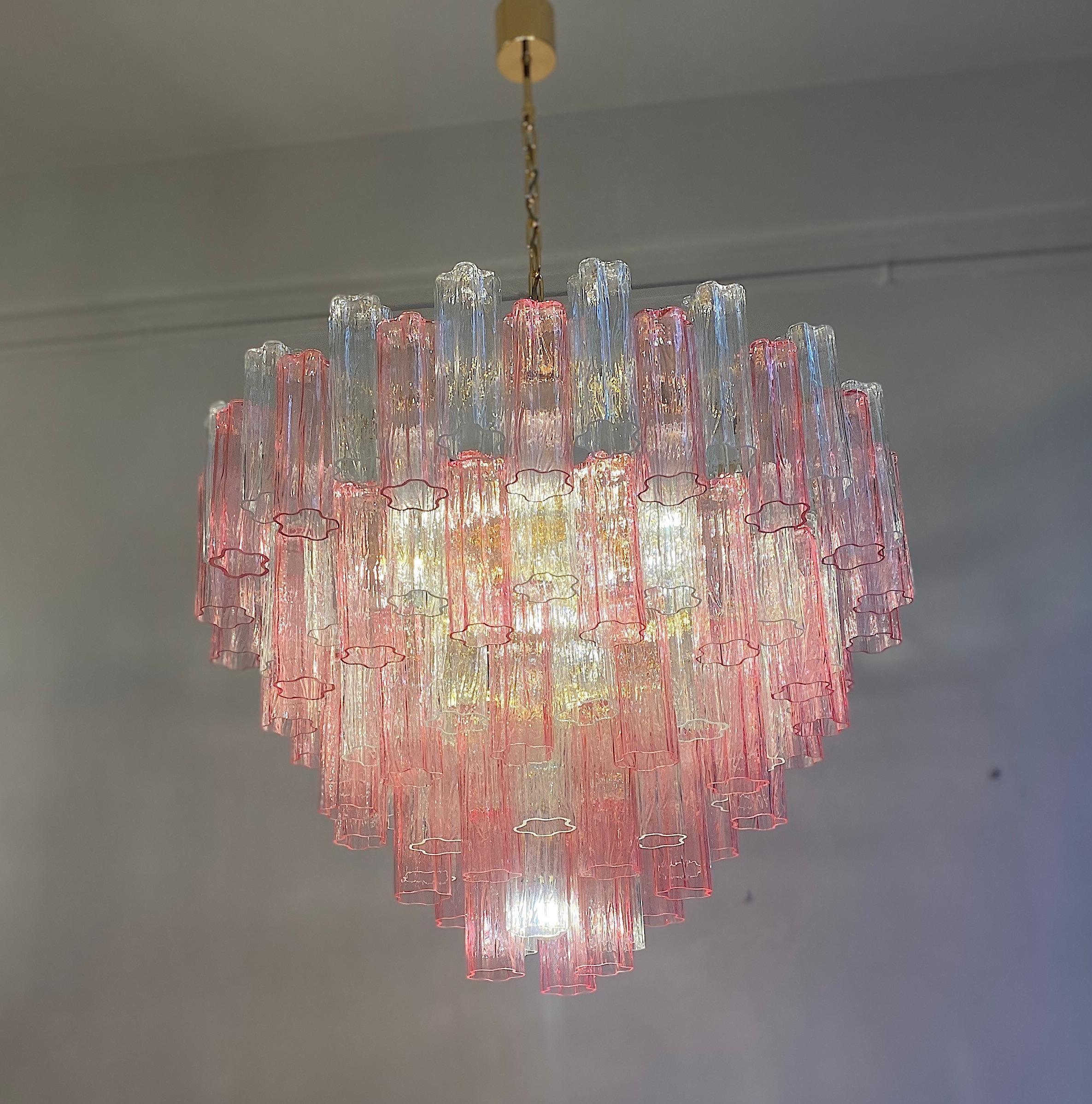 Grand lustre ou plafonnier Tronchi en verre de Murano rose et transparent en vente 2