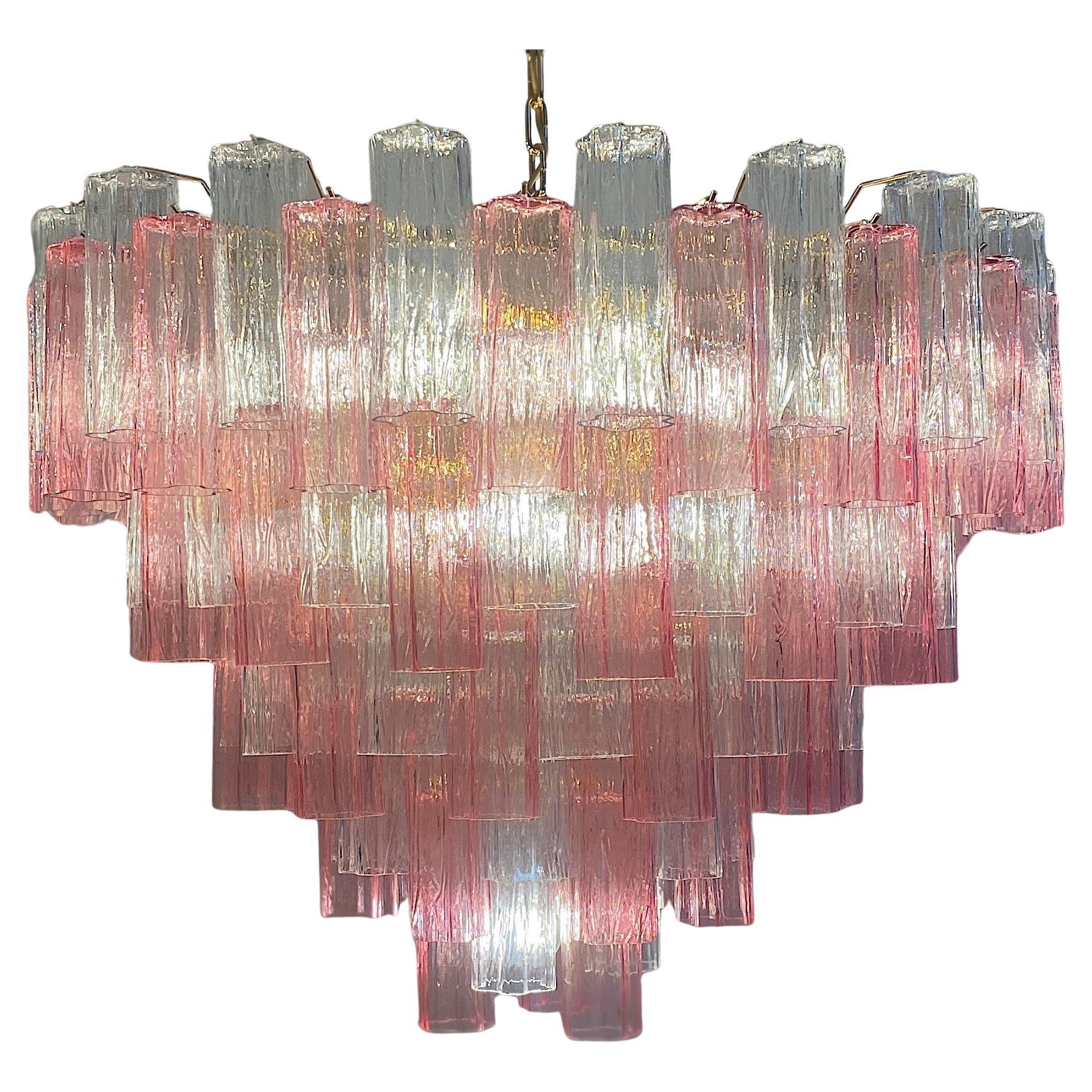 Grand lustre ou plafonnier Tronchi en verre de Murano rose et transparent en vente
