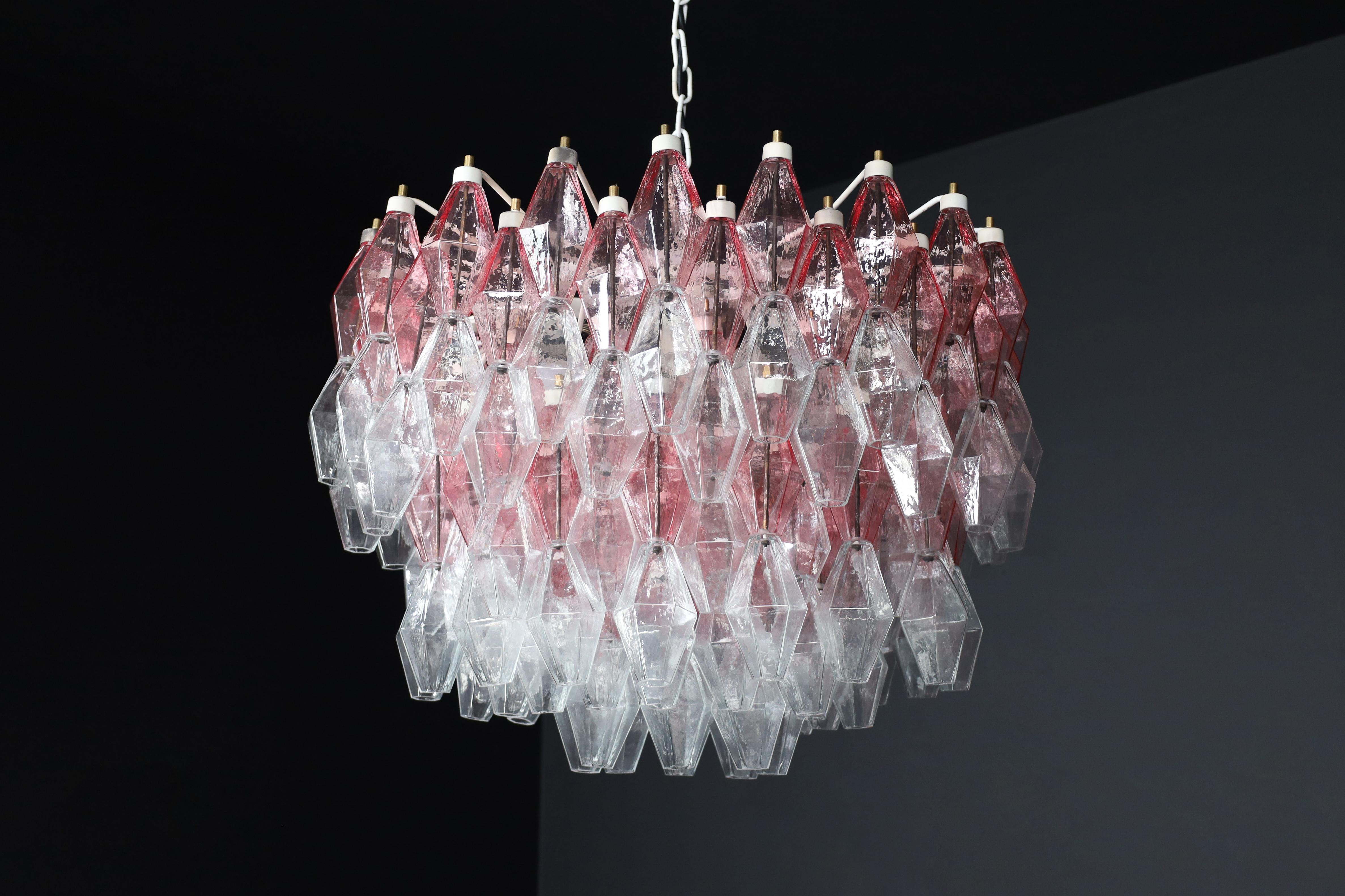 Italian Pink and Clear polyhedral-shaped Murano glass Grand Chandelier att. Carlo Scarpa For Sale