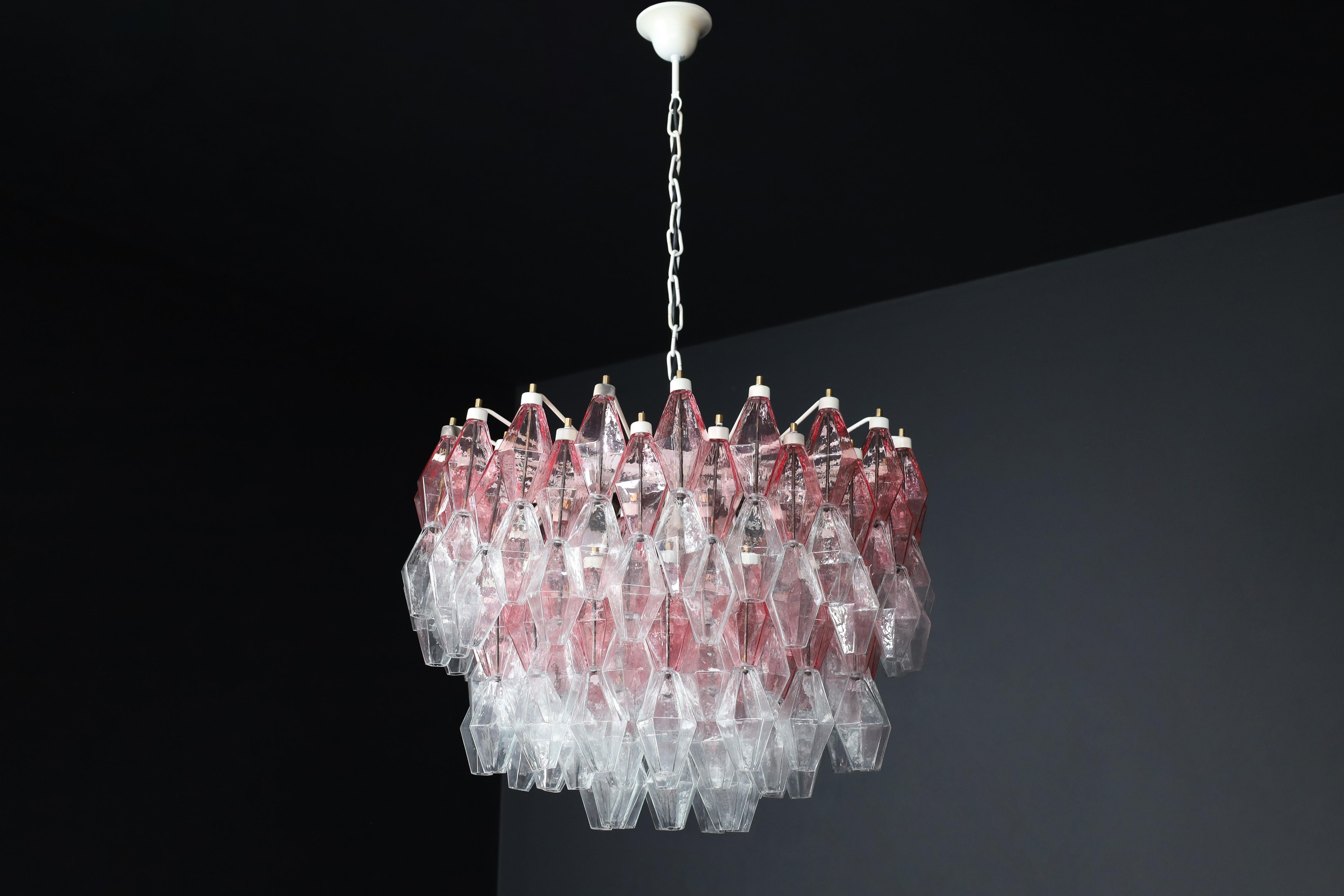 Metal Pink and Clear polyhedral-shaped Murano glass Grand Chandelier att. Carlo Scarpa For Sale