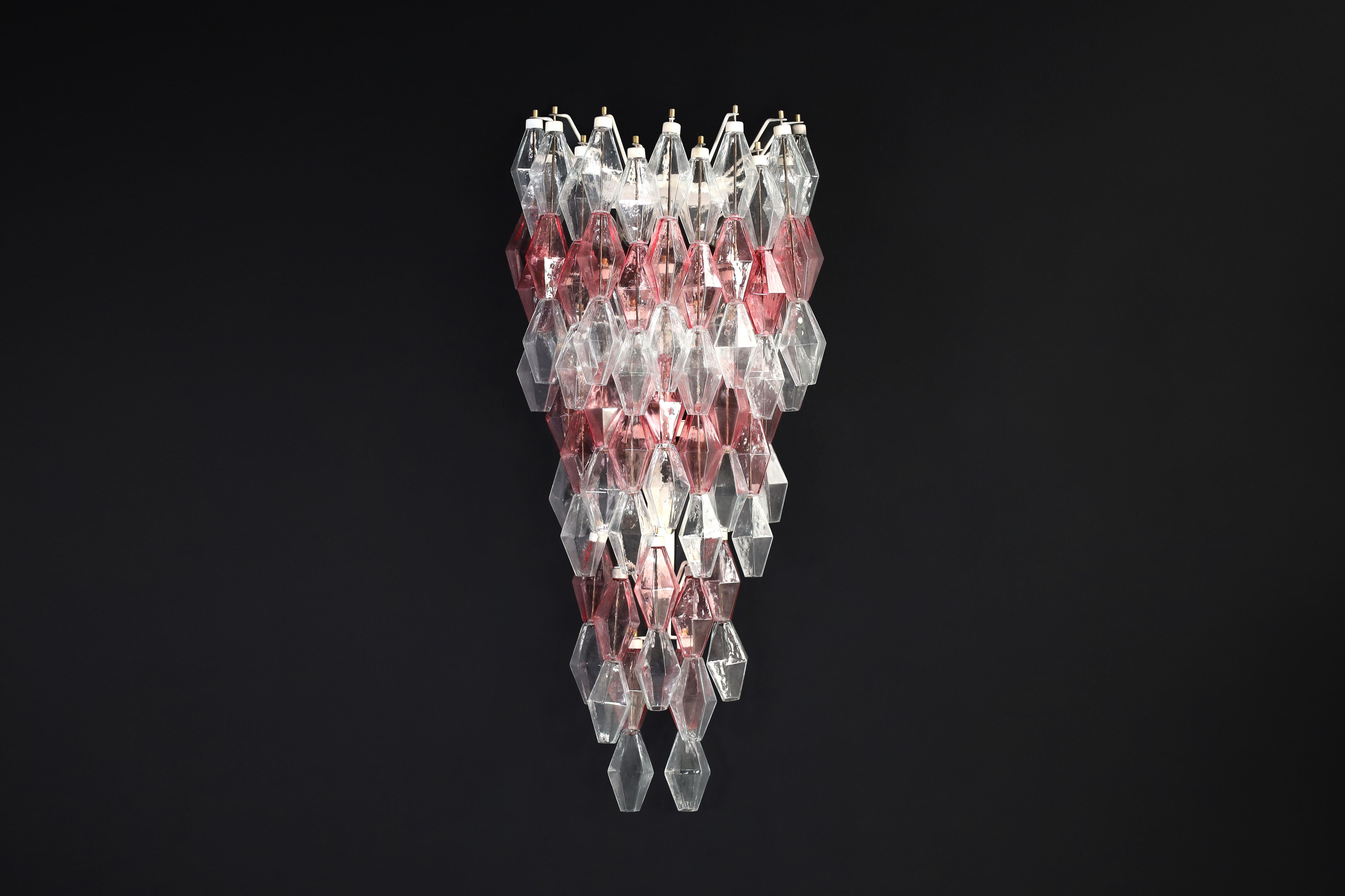 Pink and Clear polyhedral-shaped Murano glass Large Wall Chandeliers Att. Scarpa For Sale 4
