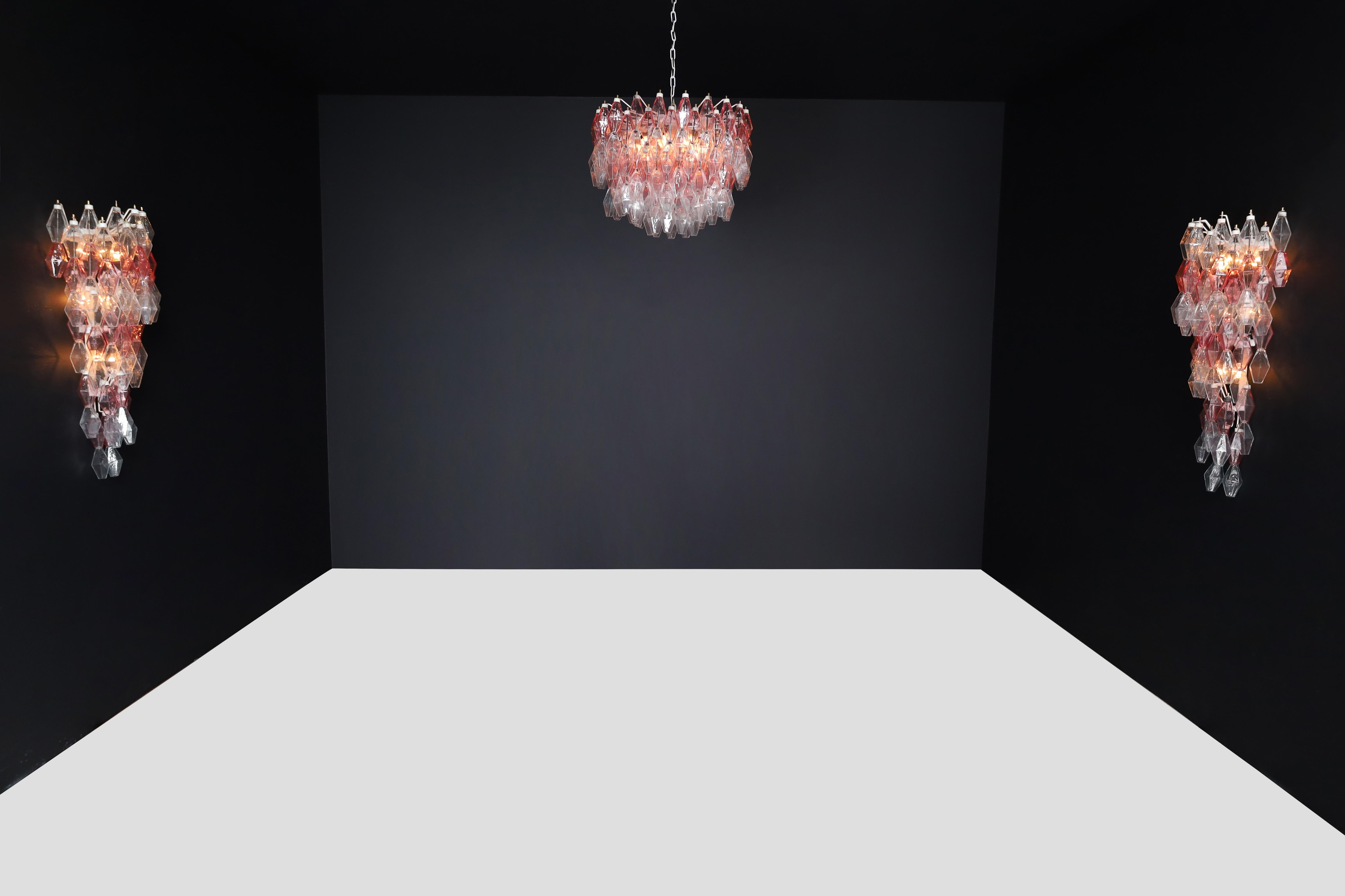 Pink and Clear polyhedral-shaped Murano glass Large Wall Chandeliers Att. Scarpa For Sale 7