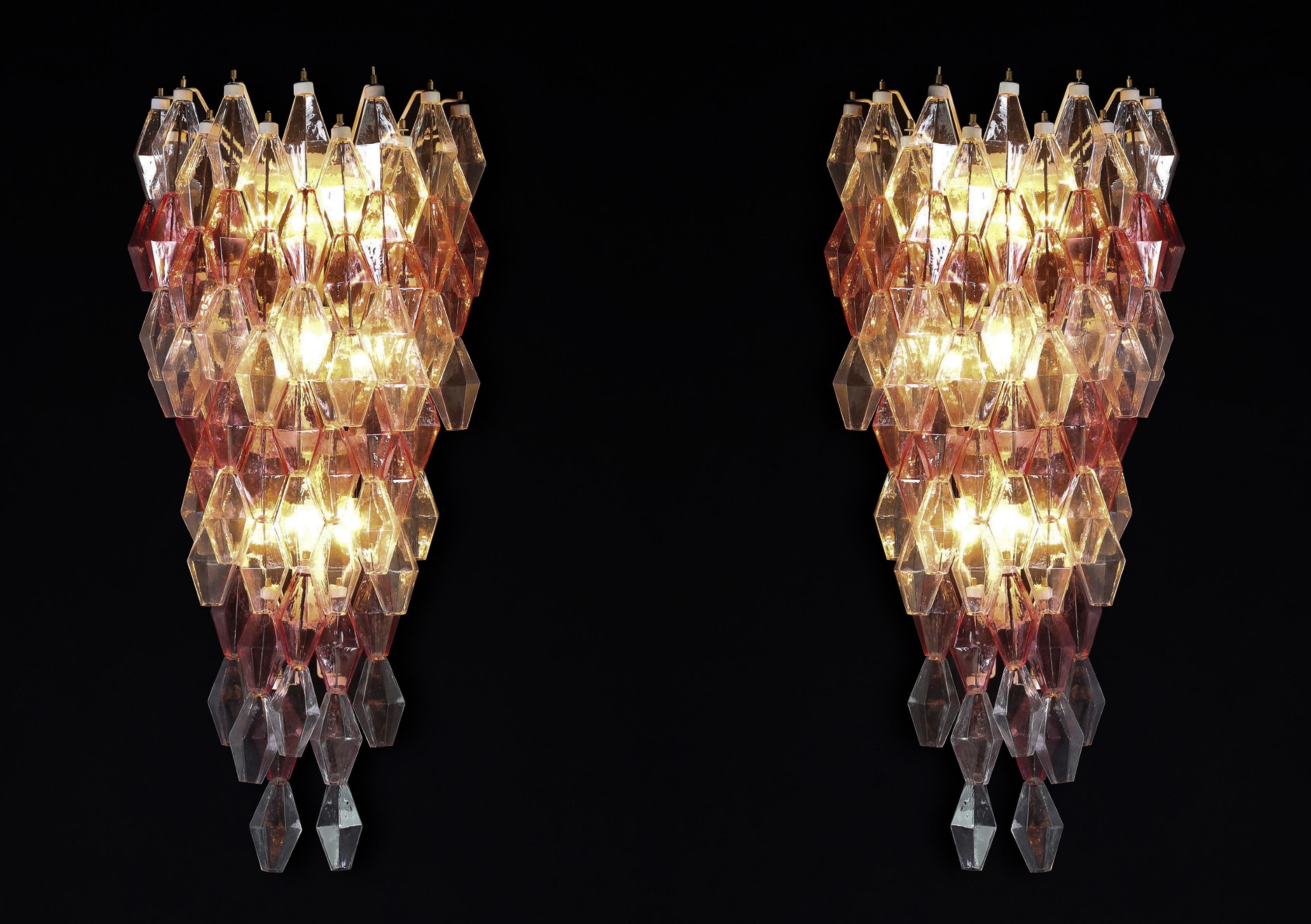 Mid-Century Modern Pink and Clear polyhedral-shaped Murano glass Large Wall Chandeliers Att. Scarpa For Sale