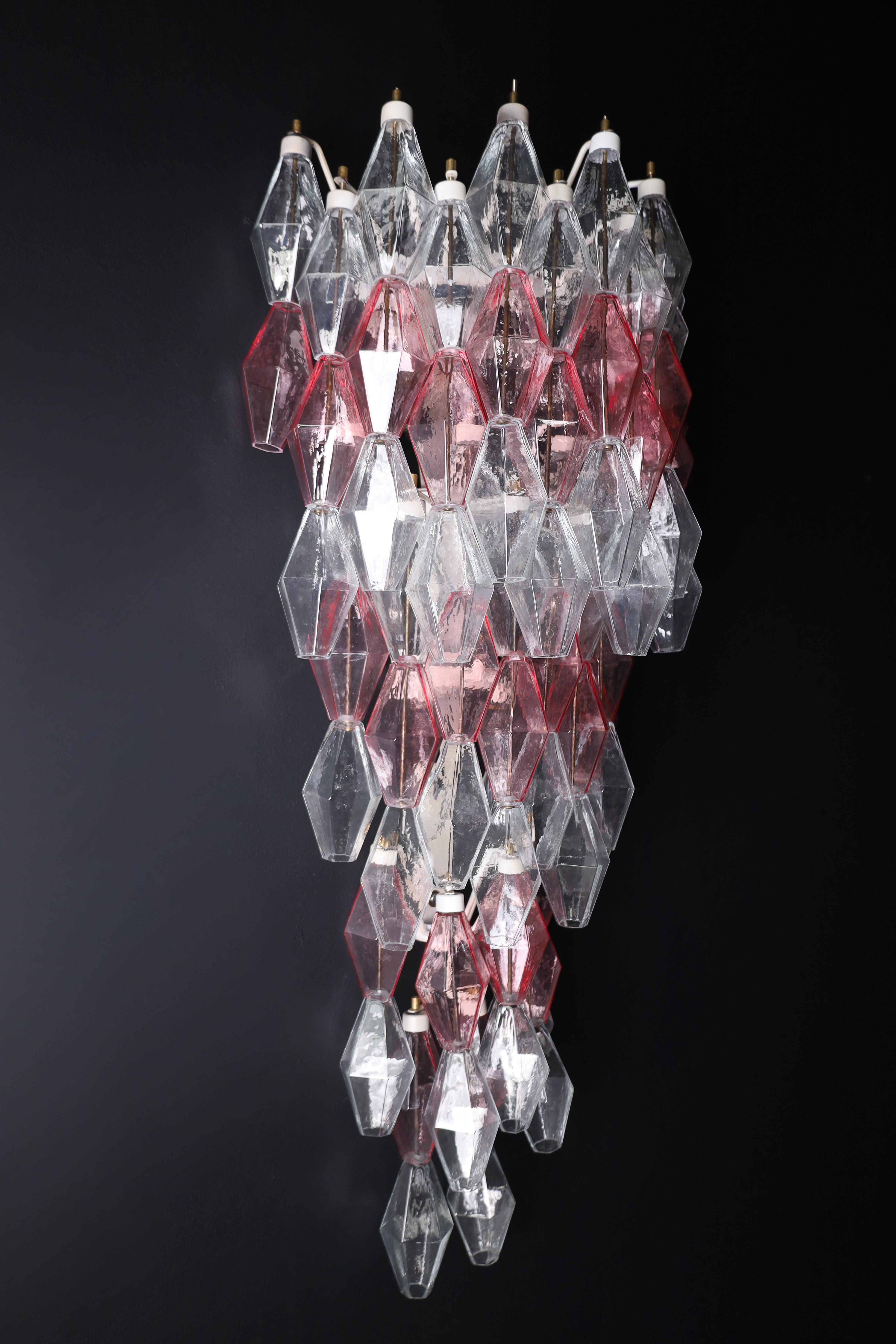 Italian Pink and Clear polyhedral-shaped Murano glass Large Wall Chandeliers Att. Scarpa For Sale
