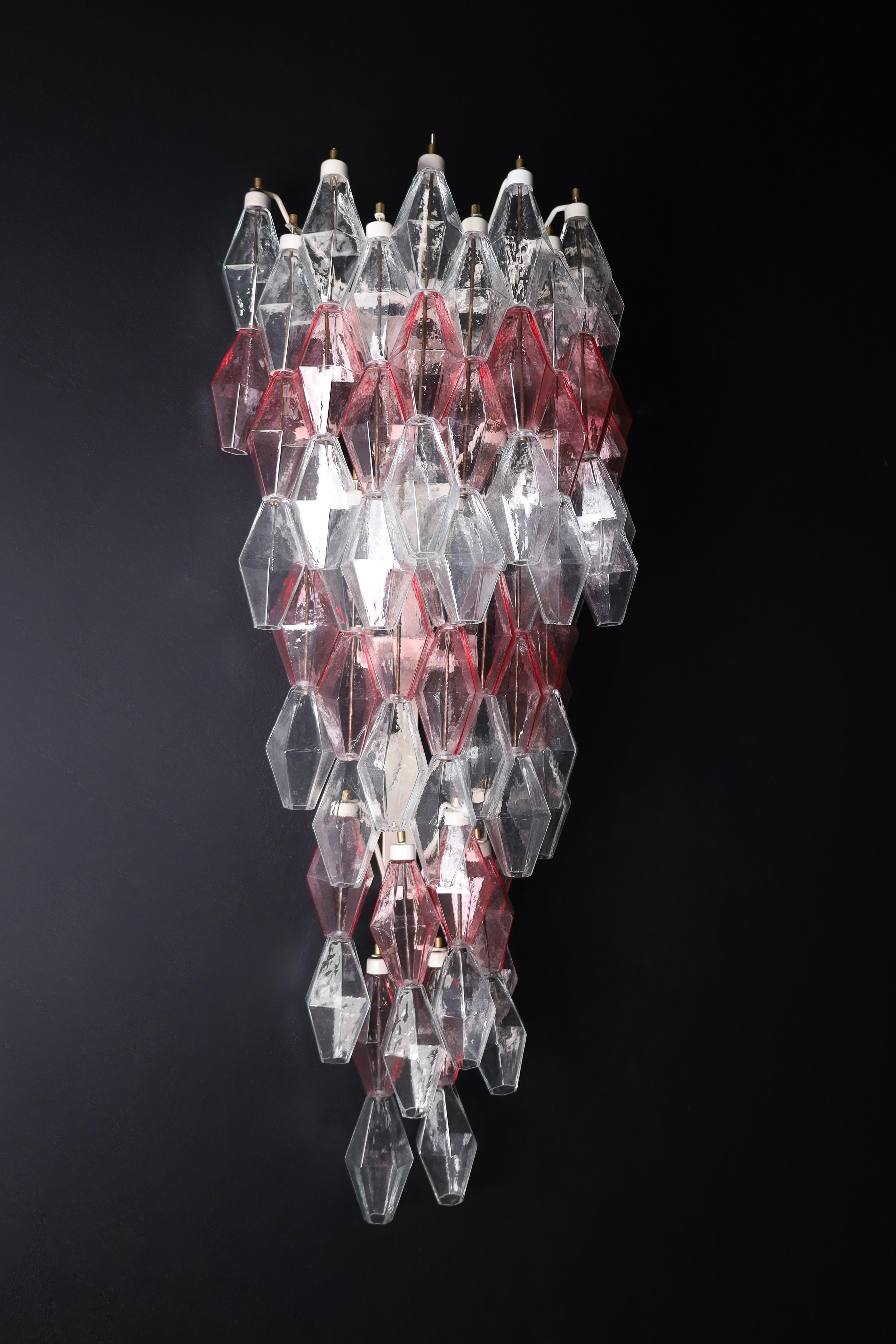 Mid-20th Century Pink and Clear polyhedral-shaped Murano glass Large Wall Chandeliers Att. Scarpa For Sale