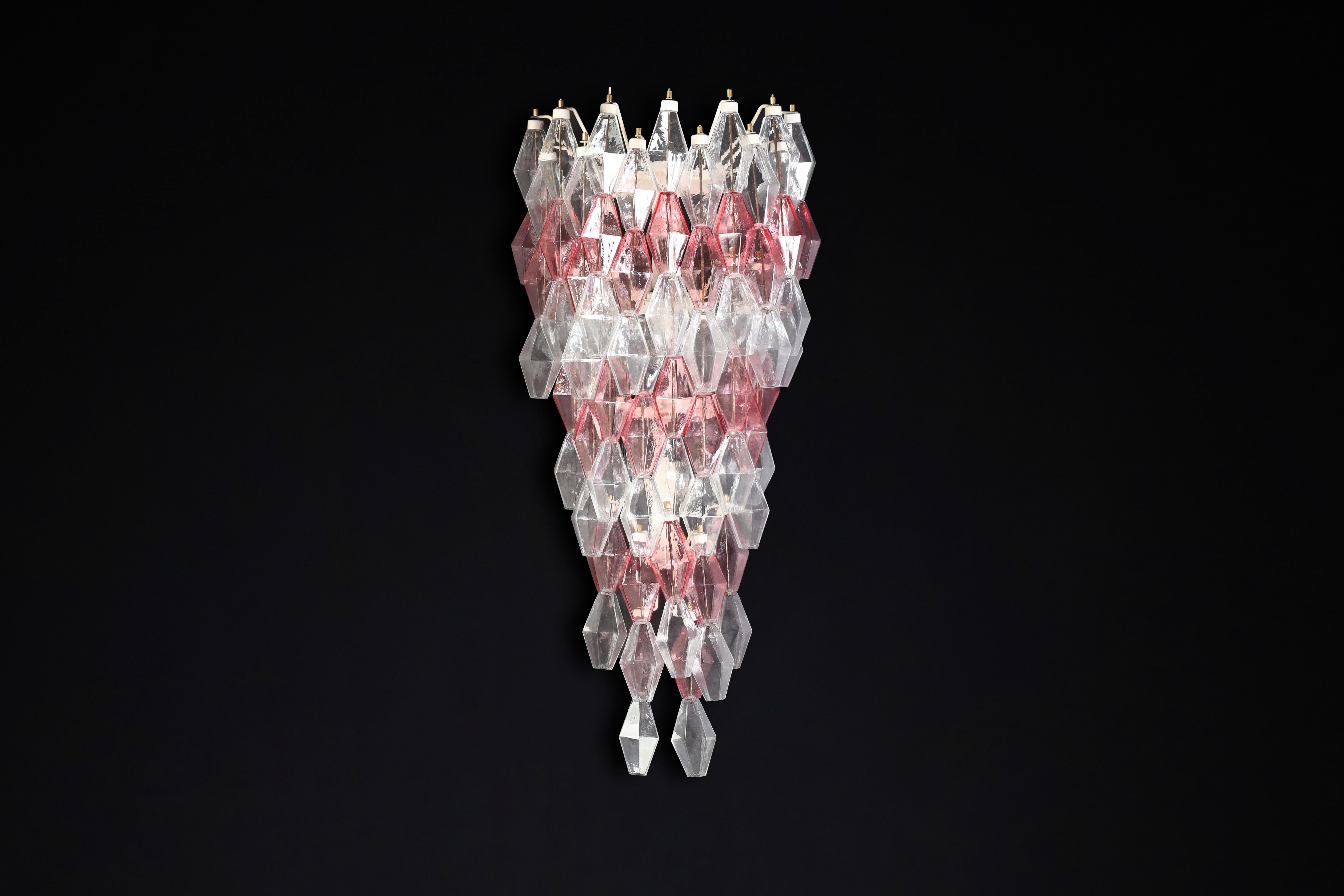 Metal Pink and Clear polyhedral-shaped Murano glass Large Wall Chandeliers Att. Scarpa For Sale