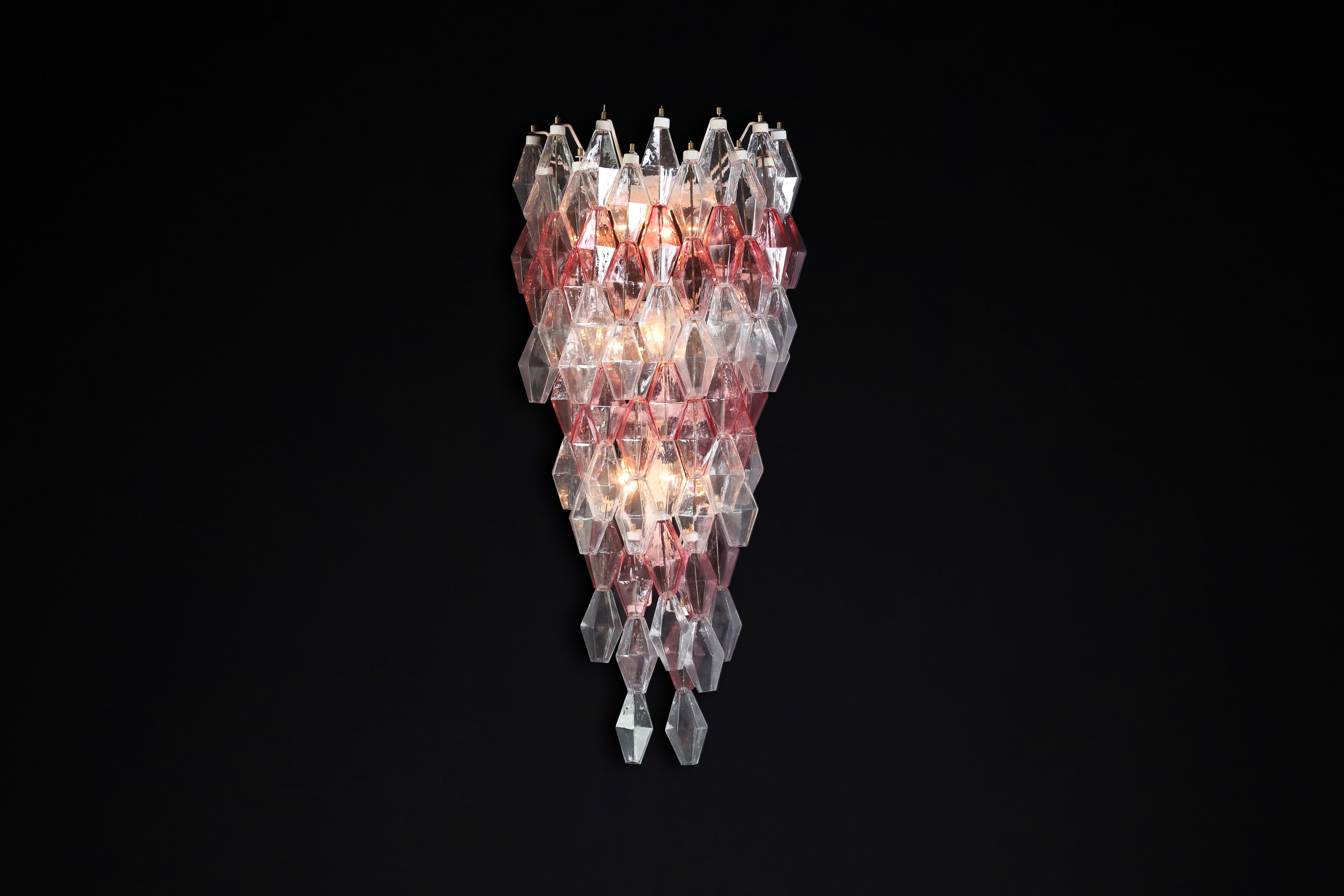 Pink and Clear polyhedral-shaped Murano glass Large Wall Chandeliers Att. Scarpa For Sale 1
