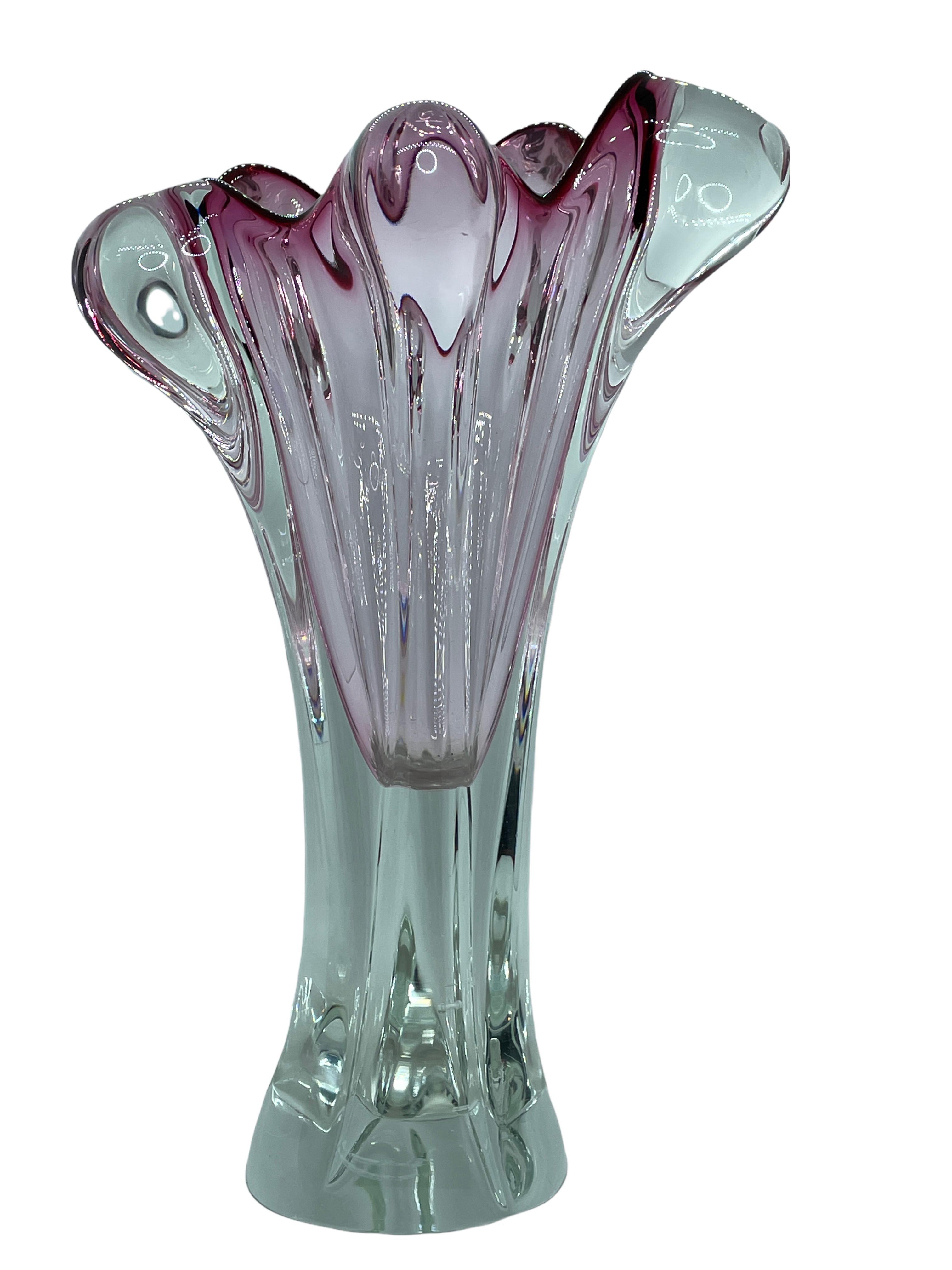 Italian Pink and Clear Sommerso Art Glass Vase Object Sculpture Murano, Italy, 1970s