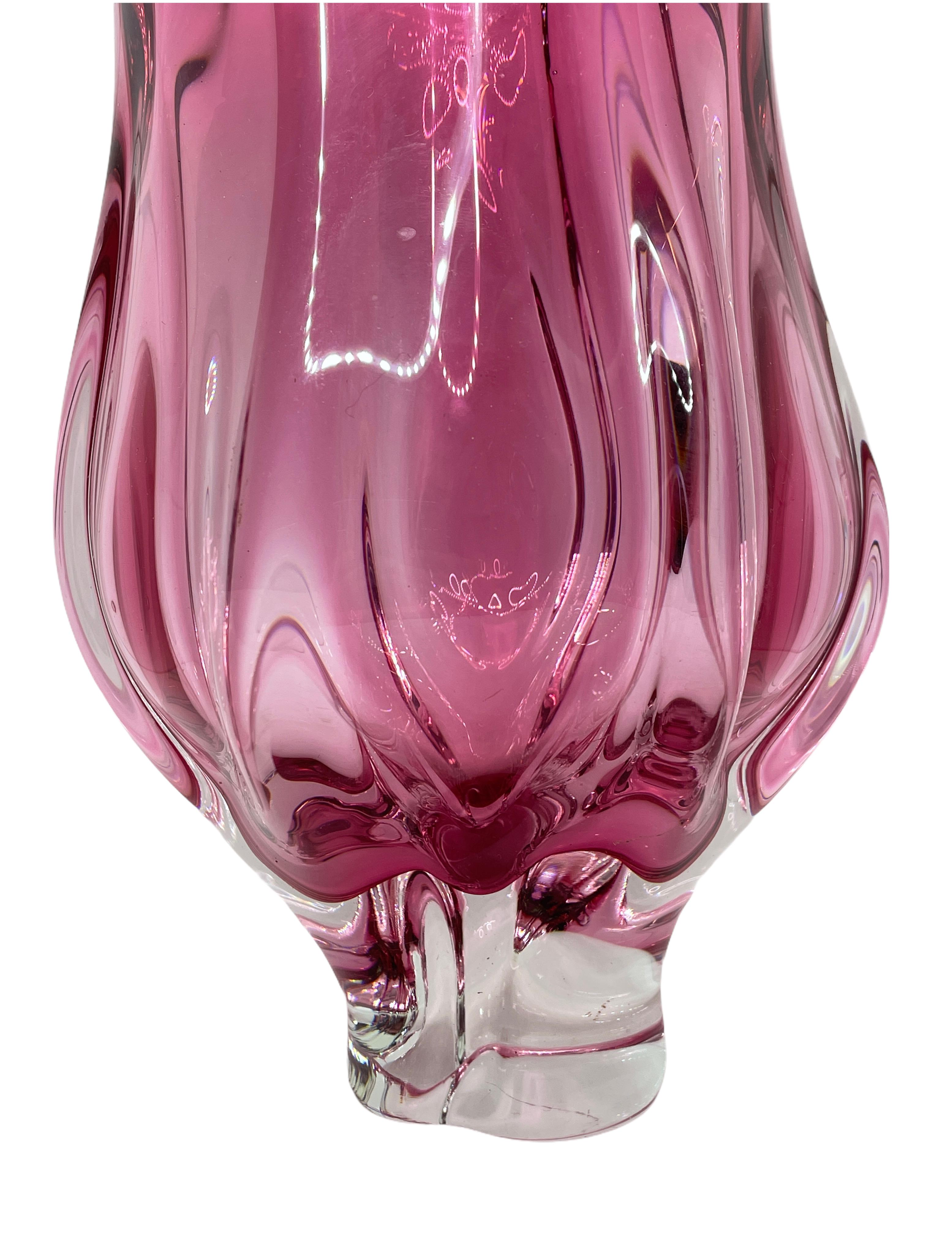 Italian Pink and Clear Sommerso Art Glass Vase Object Sculpture Murano, Italy, 1970s