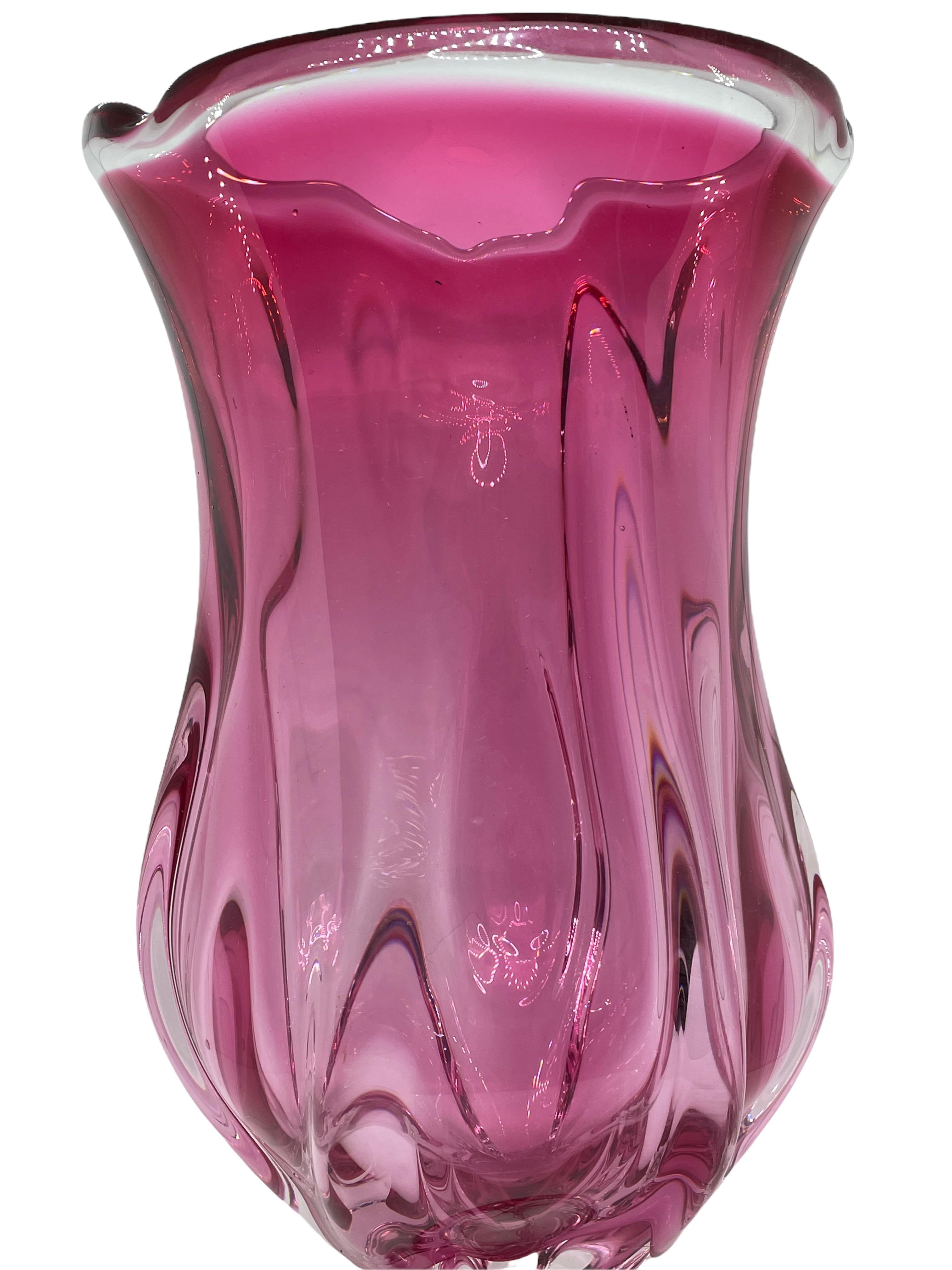 Hand-Crafted Pink and Clear Sommerso Art Glass Vase Object Sculpture Murano, Italy, 1970s