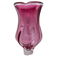 Vintage Pink and Clear Sommerso Art Glass Vase Object Sculpture Murano, Italy, 1970s
