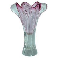 Vintage Pink and Clear Sommerso Art Glass Vase Object Sculpture Murano, Italy, 1970s