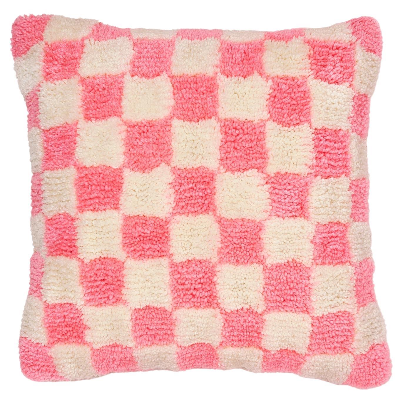 Pink and Cream Check Tufted Square Pillow For Sale