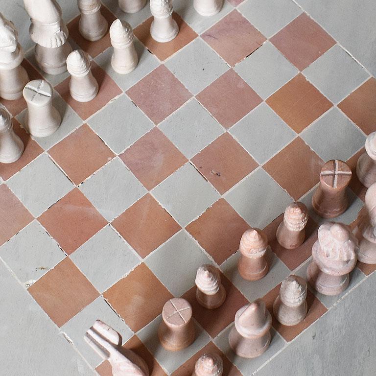 Hollywood Regency Pink and Cream Geometric African Stone Marble Complete Chess Set, Kenya
