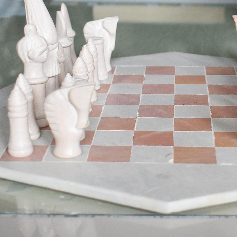 Pink and Cream Geometric African Stone Marble Complete Chess Set, Kenya