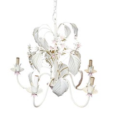 Pink and Cream Tole 5 Light Palm Leaf Chandelier in the Style of Maison Baguès