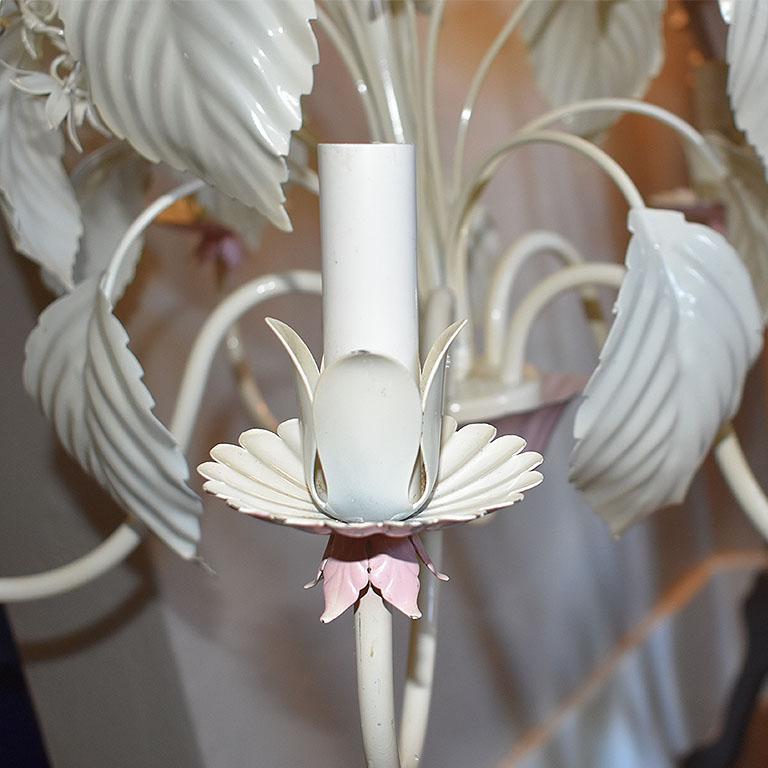 Hollywood Regency Pink and Cream Tole 5 Light Palm Leaf Chandelier in the Style of Maison Baguès