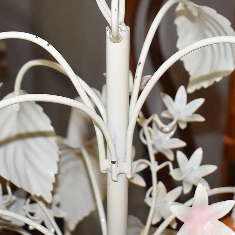American Pink and Cream Tole 5 Light Palm Leaf Chandelier in the Style of Maison Baguès