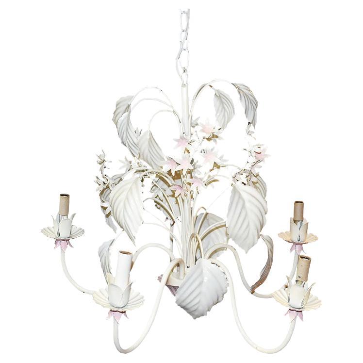 Pink and Cream Tole 5 Light Palm Leaf Chandelier in the Style of Maison Baguès