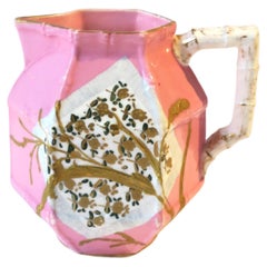 Antique Chinoiserie Style Pink and Gold Ceramic Pitcher with Bamboo Design