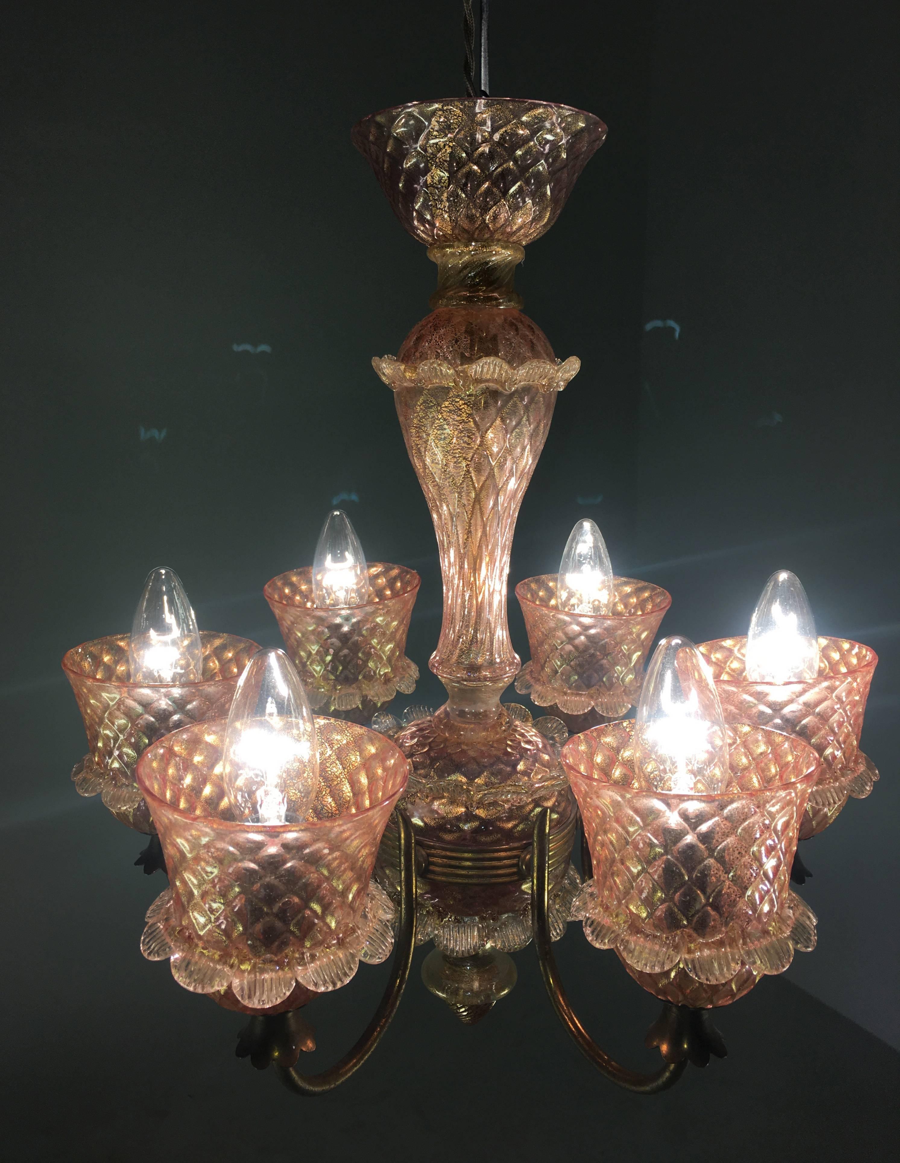 Pink and Gold Chandelier by Barovier & Toso, Murano, 1950 For Sale 3