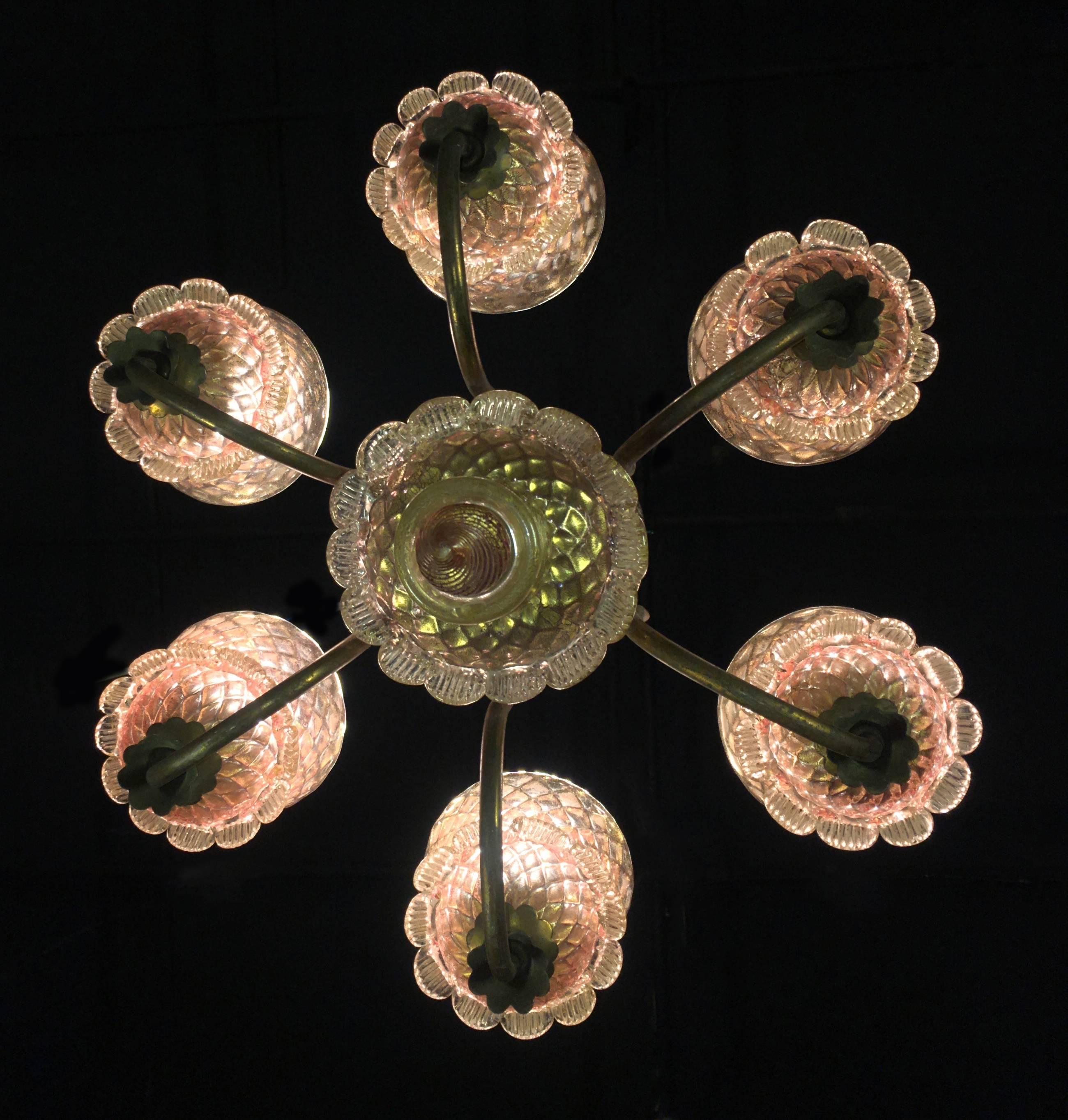 Lampadario rosa e oro di Barovier & Toso, Murano, 1950 in vendita 5
