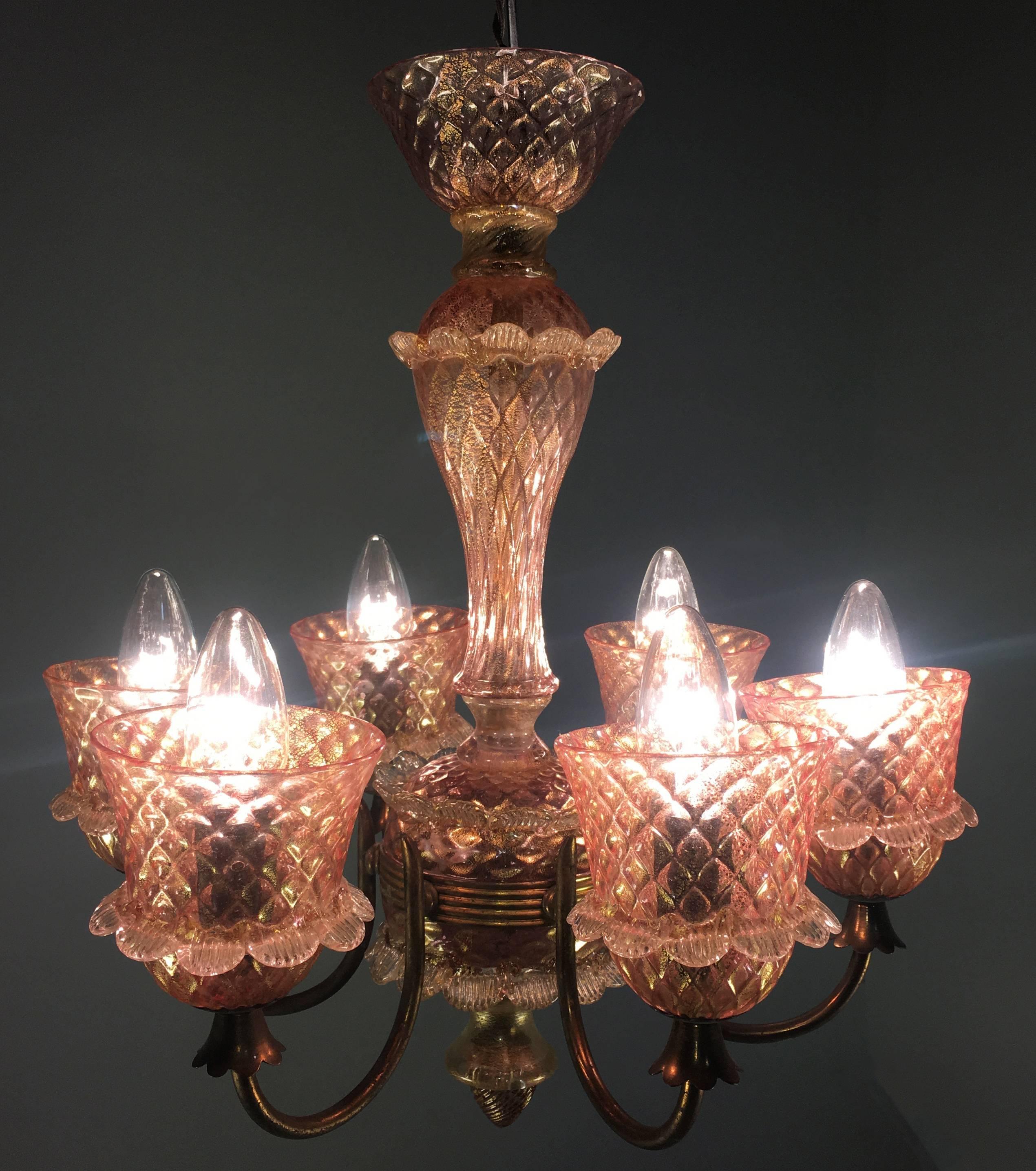 Pink and Gold Chandelier by Barovier & Toso, Murano, 1950 For Sale 5