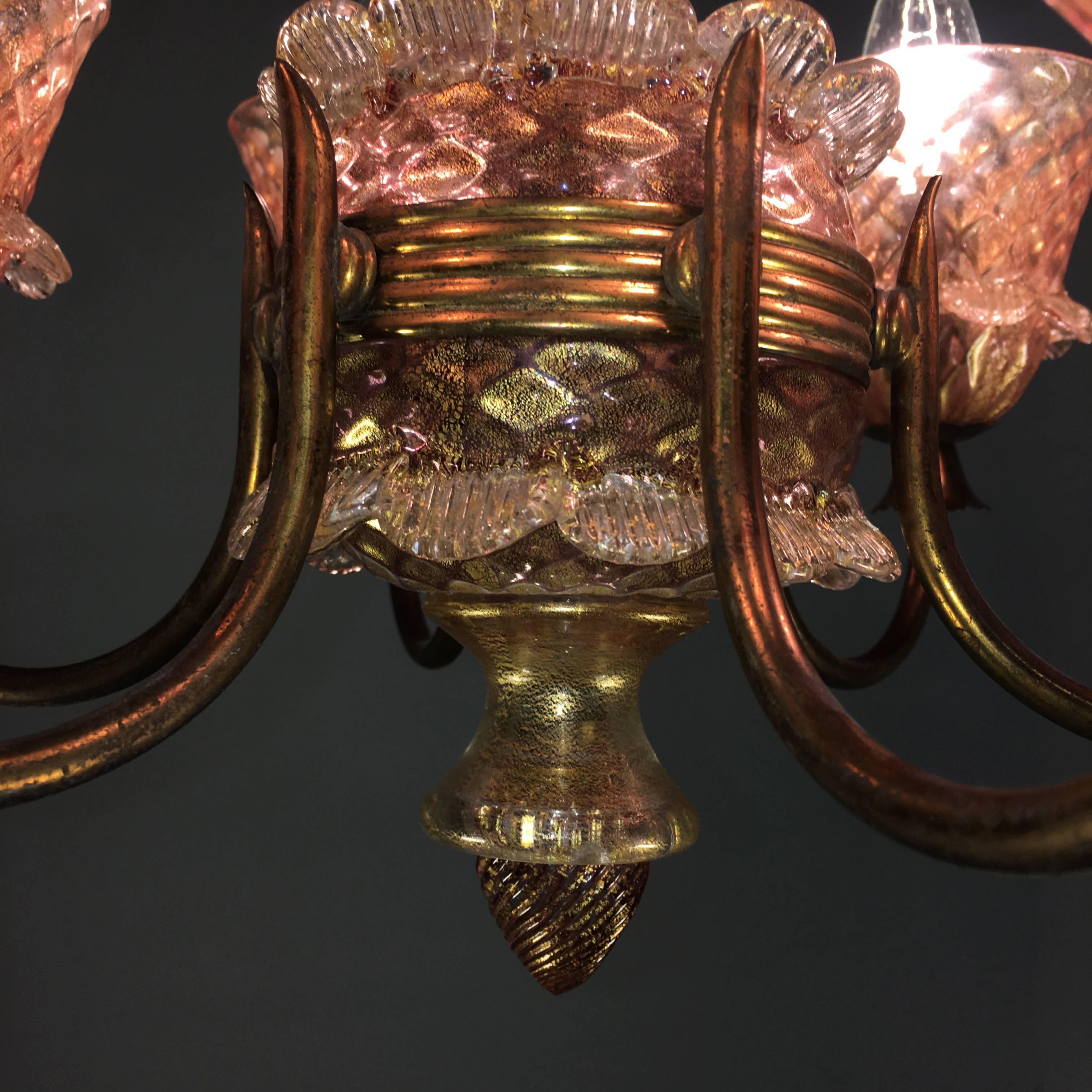 Pink and Gold Chandelier by Barovier & Toso, Murano, 1950 For Sale 6