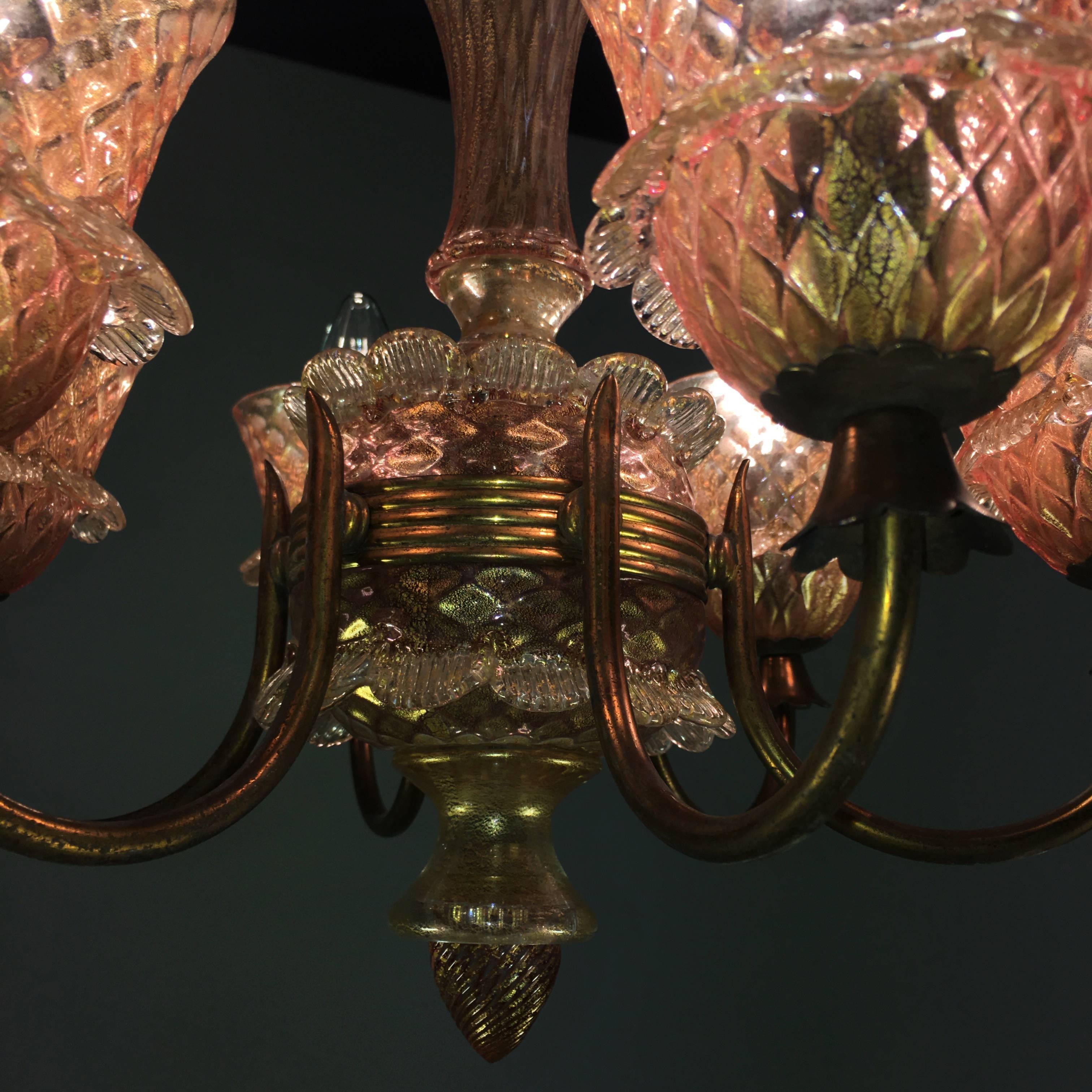 Pink and Gold Chandelier by Barovier & Toso, Murano, 1950 For Sale 7