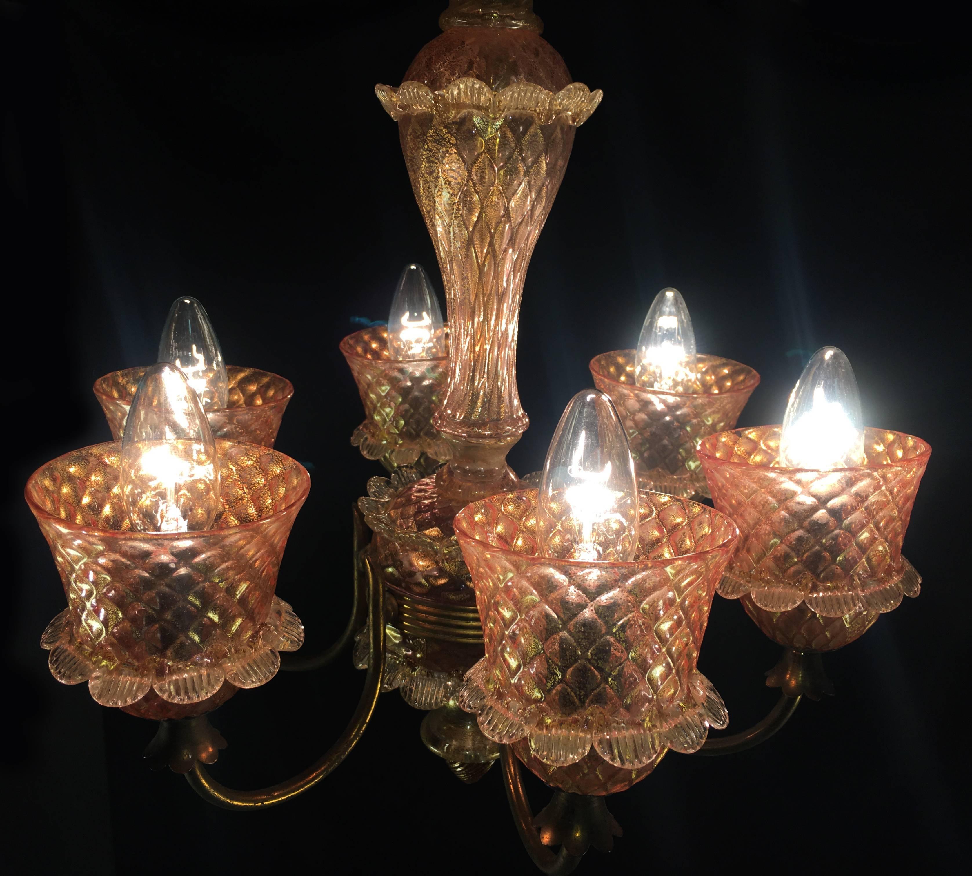 Pink and Gold Chandelier by Barovier & Toso, Murano, 1950 For Sale 8