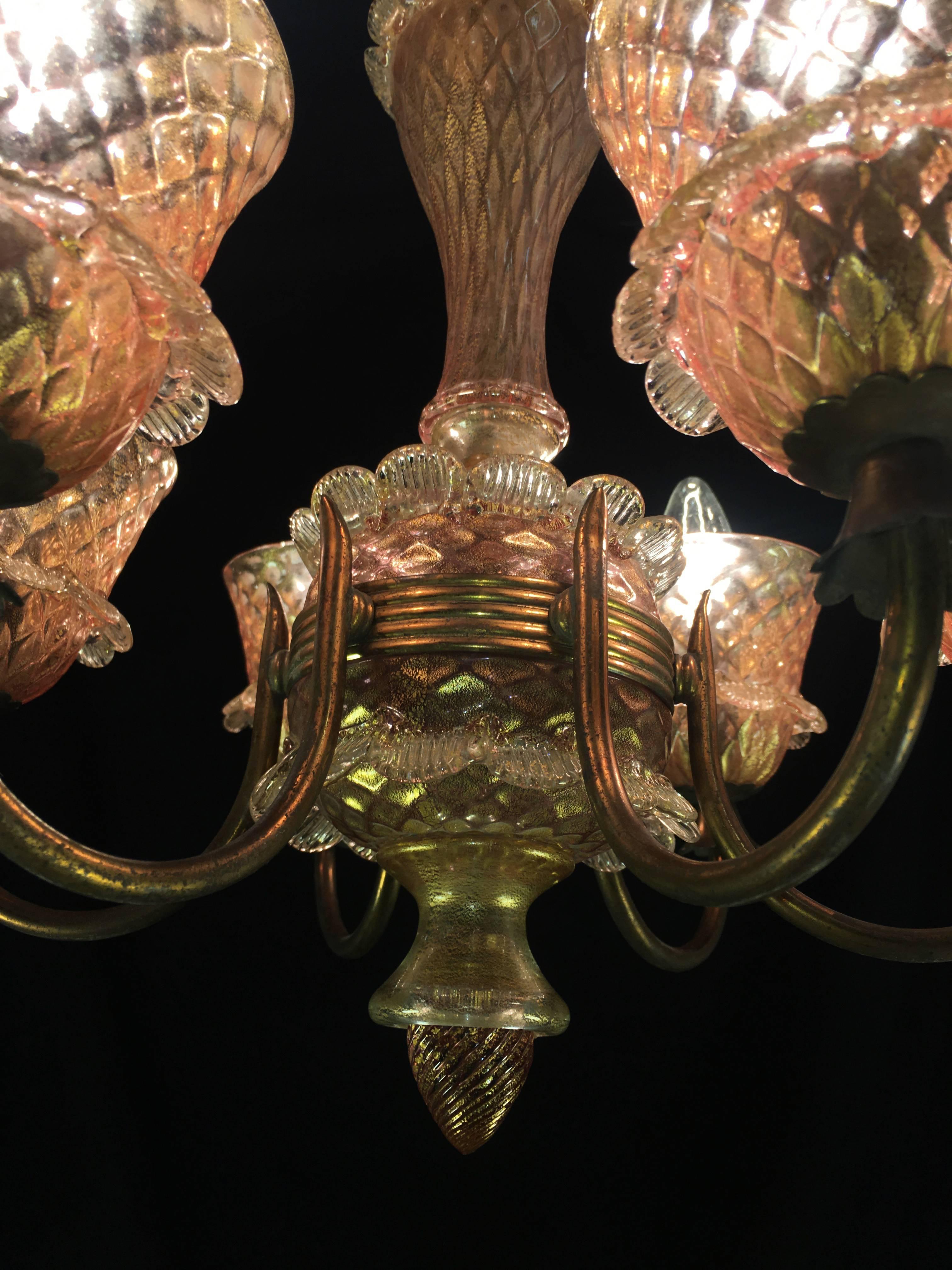 Pink and Gold Chandelier by Barovier & Toso, Murano, 1950 For Sale 9